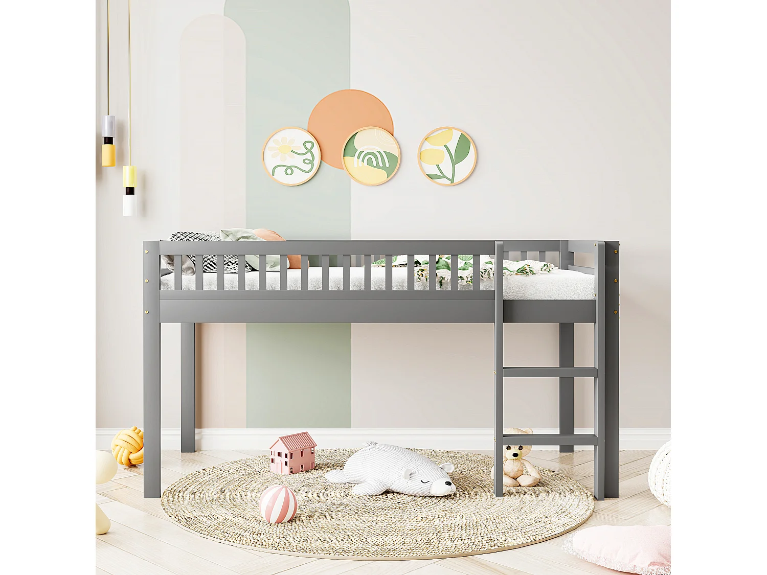 Lit enfant 90 x 200 cm en bois massif avec sommier à lattes, avec échelle de sécurité, gris