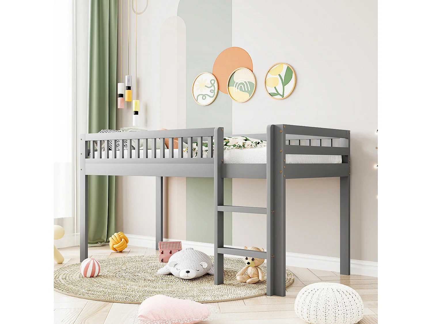 Lit enfant 90 x 200 cm en bois massif avec sommier à lattes, avec échelle de sécurité, gris