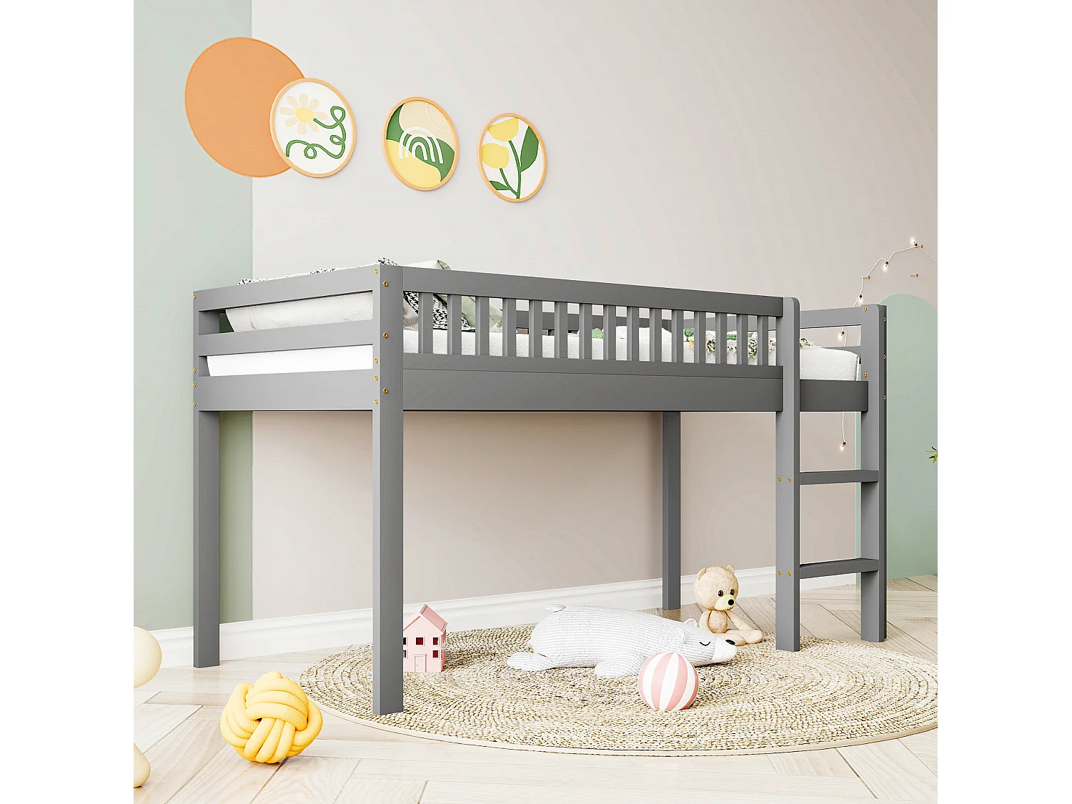 Lit enfant 90 x 200 cm en bois massif avec sommier à lattes, avec échelle de sécurité, gris