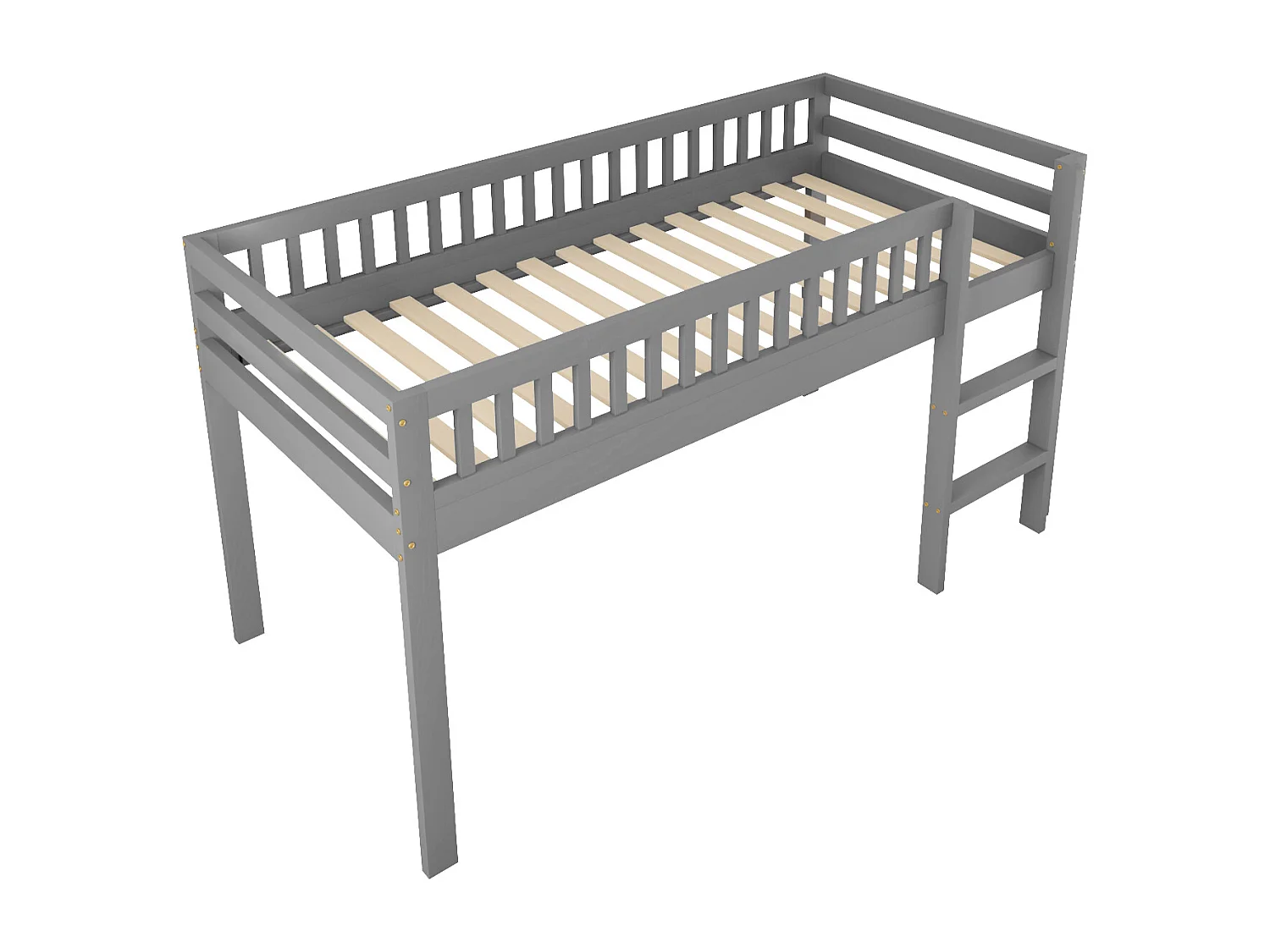 Lit enfant 90 x 200 cm en bois massif avec sommier à lattes, avec échelle de sécurité, gris