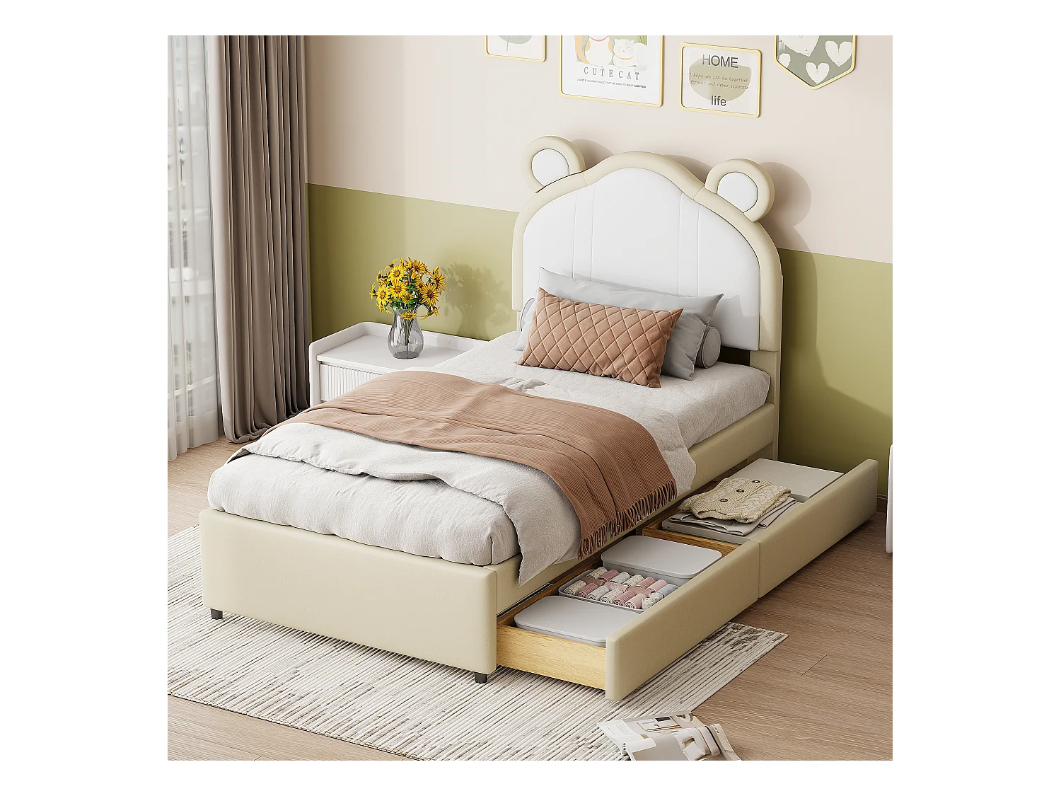 Gestoffeerd bed 90 x 200 met 2 lades - Gestoffeerd in PU leer - Hoofdeinde met oren - Lattenbodem - Beige