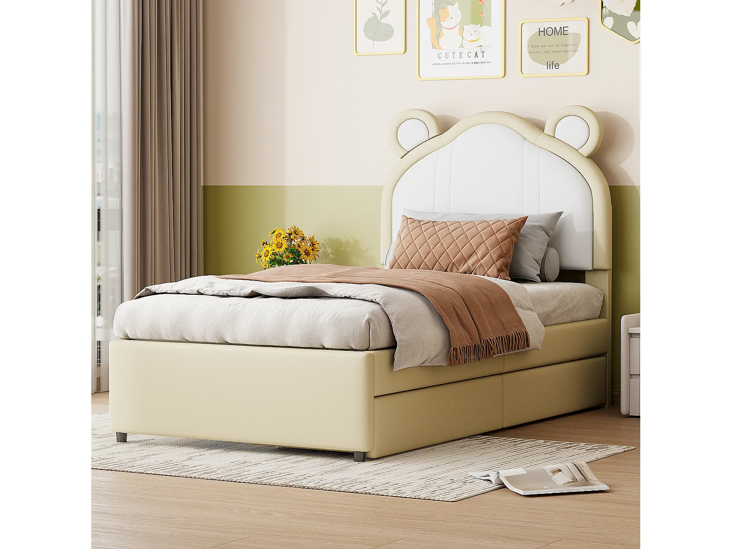 Gestoffeerd bed 90 x 200 met 2 lades - Gestoffeerd in PU leer - Hoofdeinde met oren - Lattenbodem - Beige