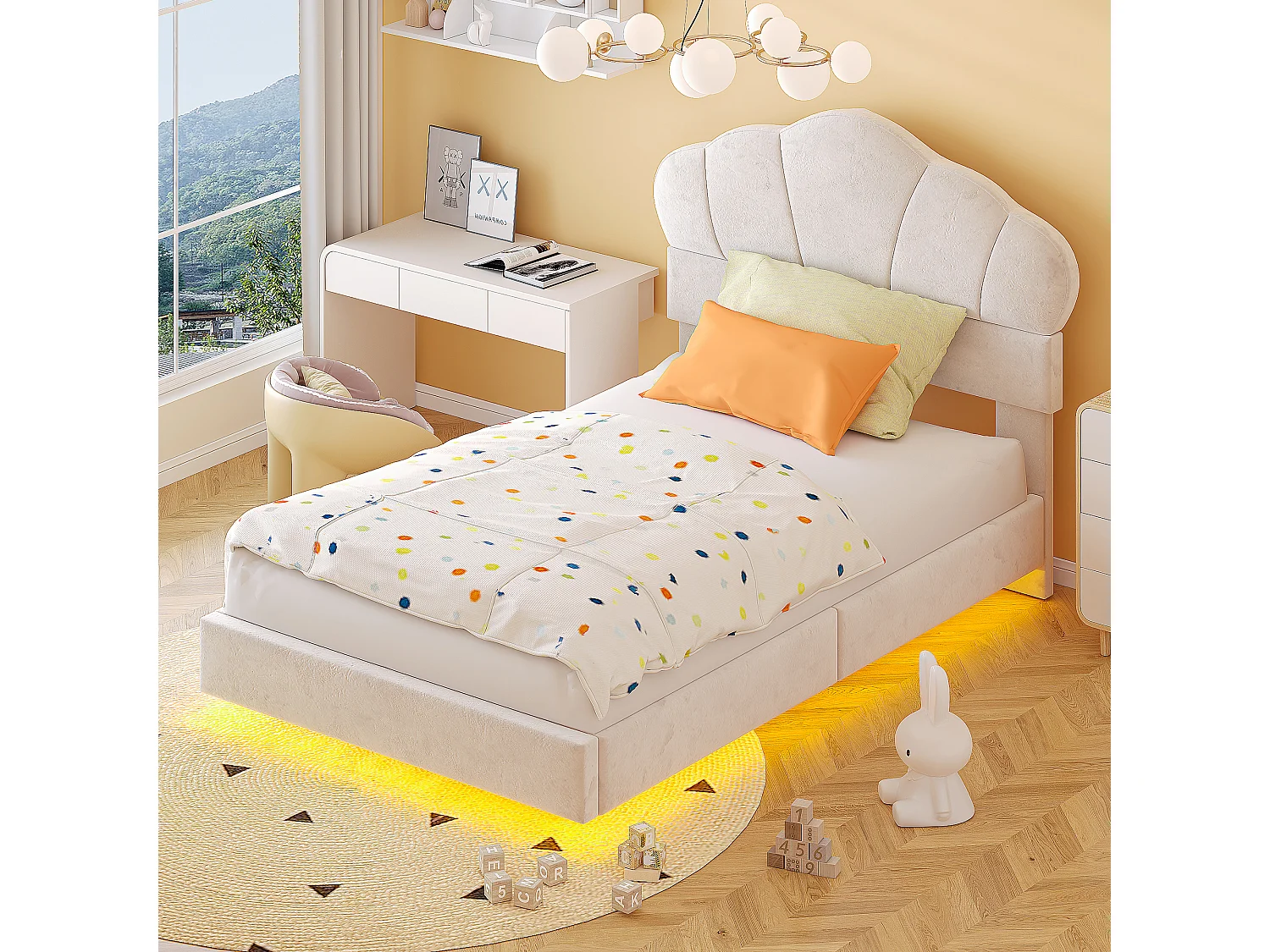 Gestoffeerd bed 90 x 200 cm met LED-strip, fluwelen stof, wolkenpatroon, beige