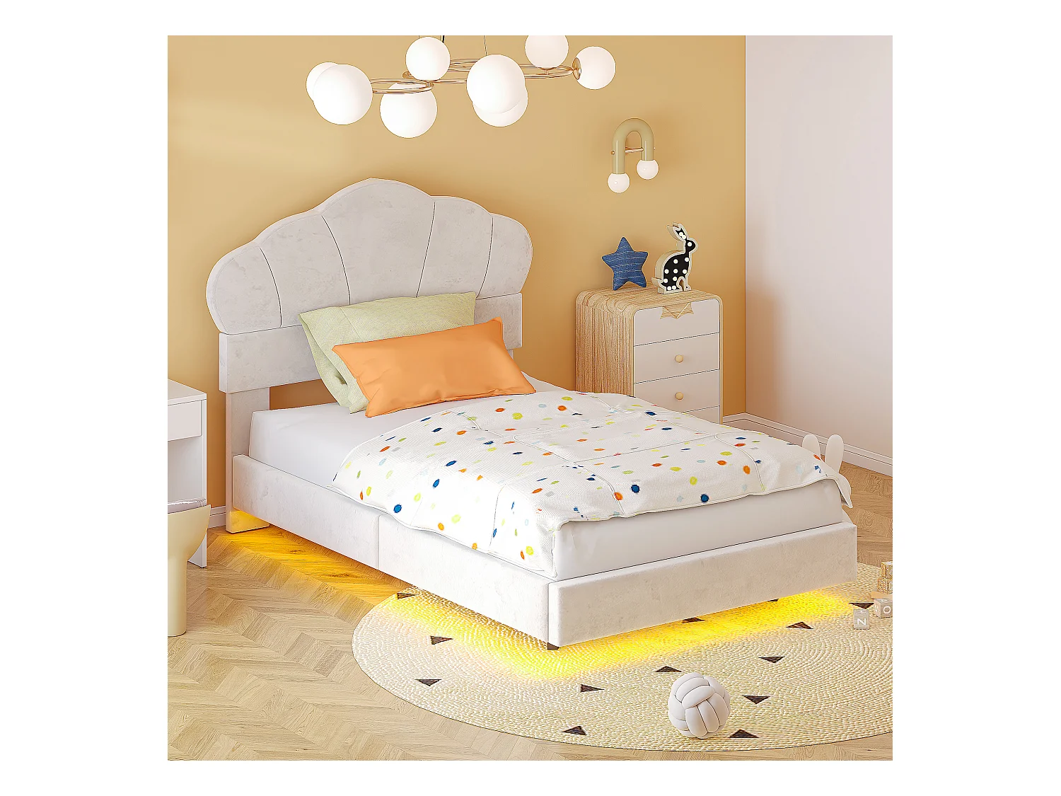 Gestoffeerd bed 90 x 200 cm met LED-strip, fluwelen stof, wolkenpatroon, beige