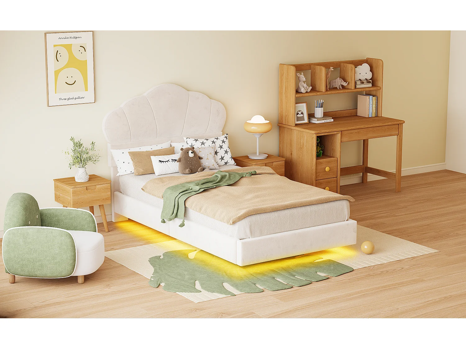 Gestoffeerd bed 90 x 200 cm met LED-strip, fluwelen stof, wolkenpatroon, beige