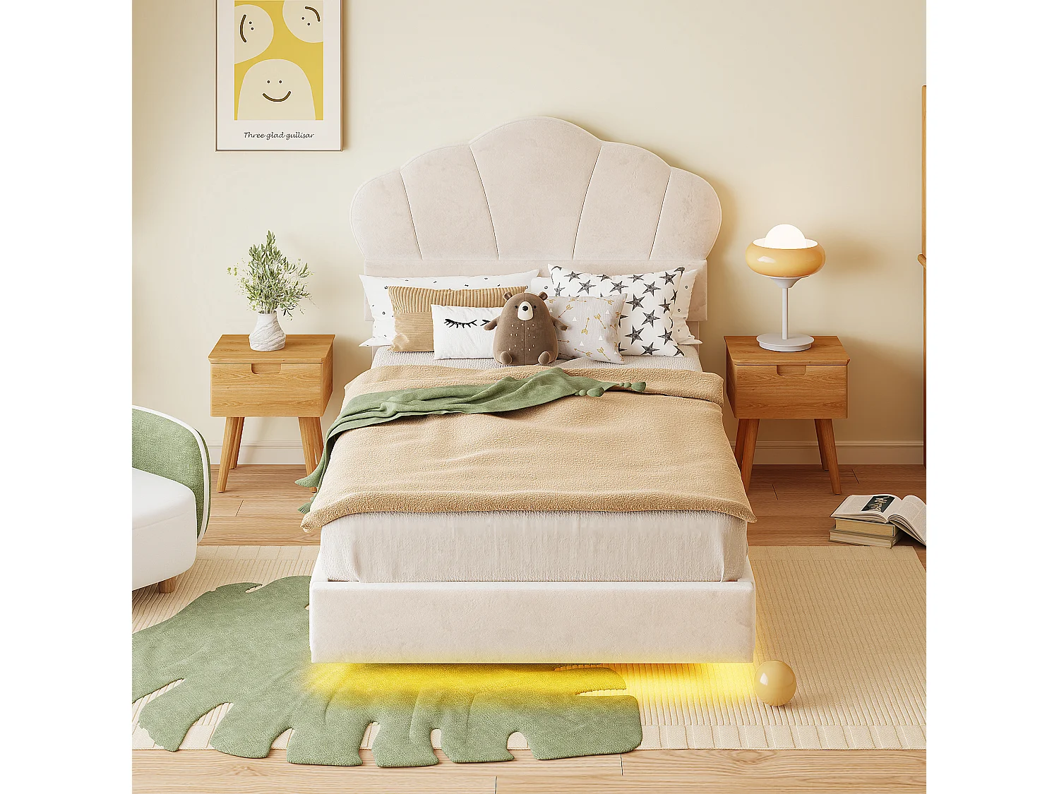 Cama estofada 90 x 200 cm com faixa de LED, tecido veludo, padrão nuvem, bege