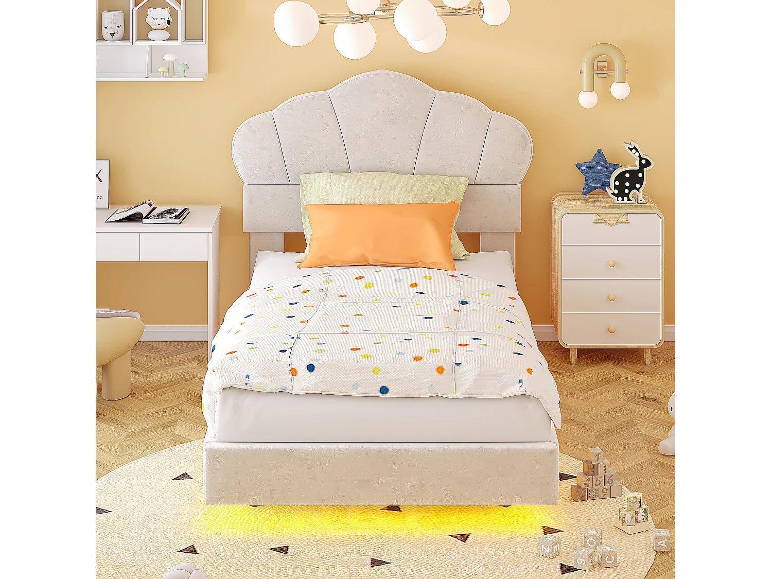 Cama estofada 90 x 200 cm com faixa de LED, tecido veludo, padrão nuvem, bege