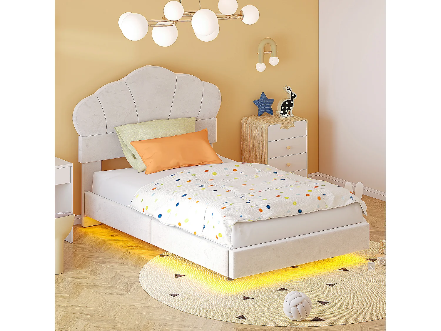 Cama estofada 90 x 200 cm com faixa de LED, tecido veludo, padrão nuvem, bege