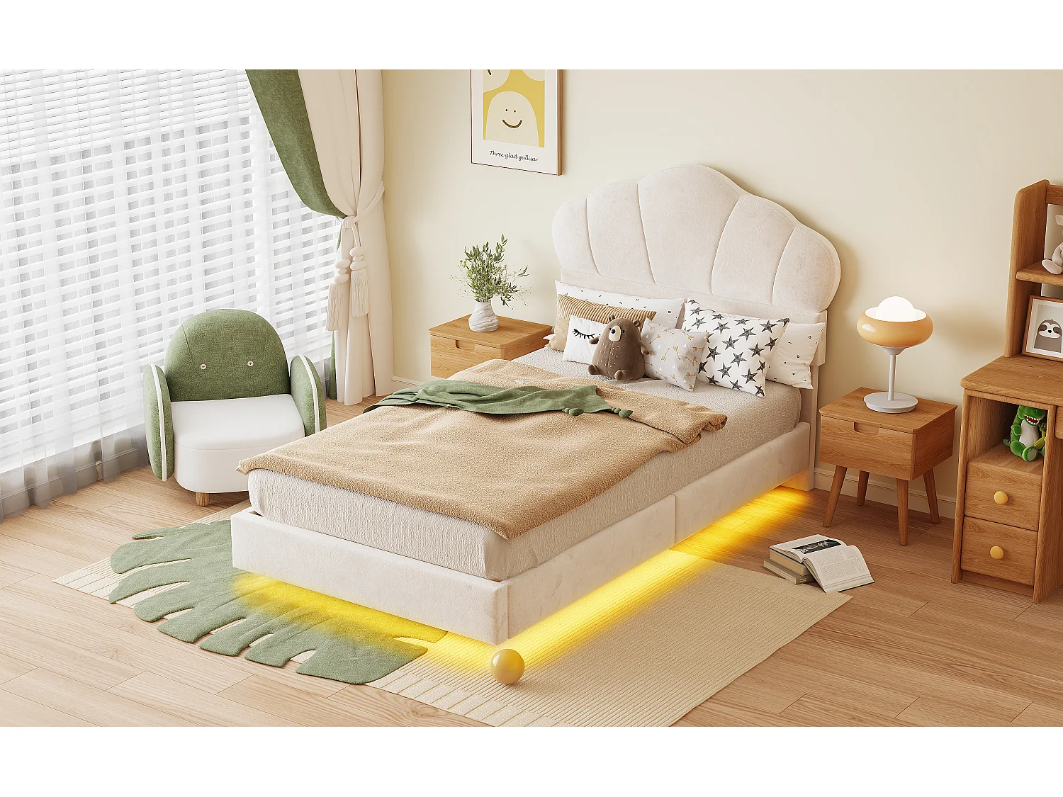 Cama estofada 90 x 200 cm com faixa de LED, tecido veludo, padrão nuvem, bege