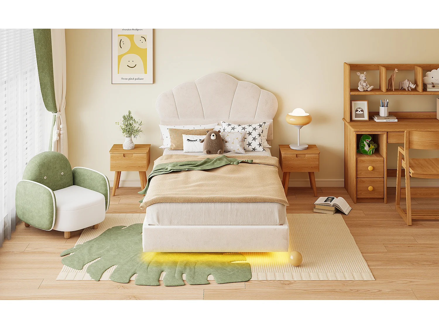 Cama estofada 90 x 200 cm com faixa de LED, tecido veludo, padrão nuvem, bege