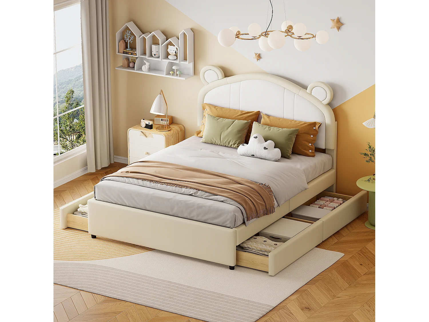 Lit capitonné 140 x 200 avec 4 tiroirs - Rembourré en cuir PU - Tête de lit avec oreilles - Sommier à lattes - Beige