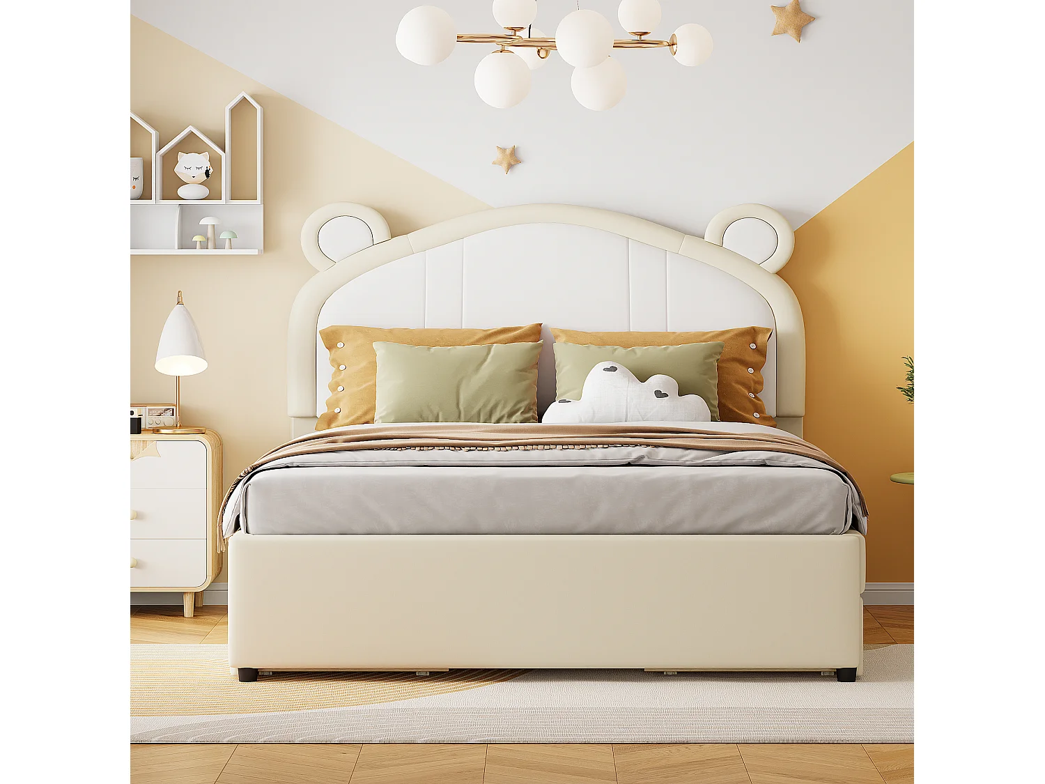 Lit capitonné 140 x 200 avec 4 tiroirs - Rembourré en cuir PU - Tête de lit avec oreilles - Sommier à lattes - Beige