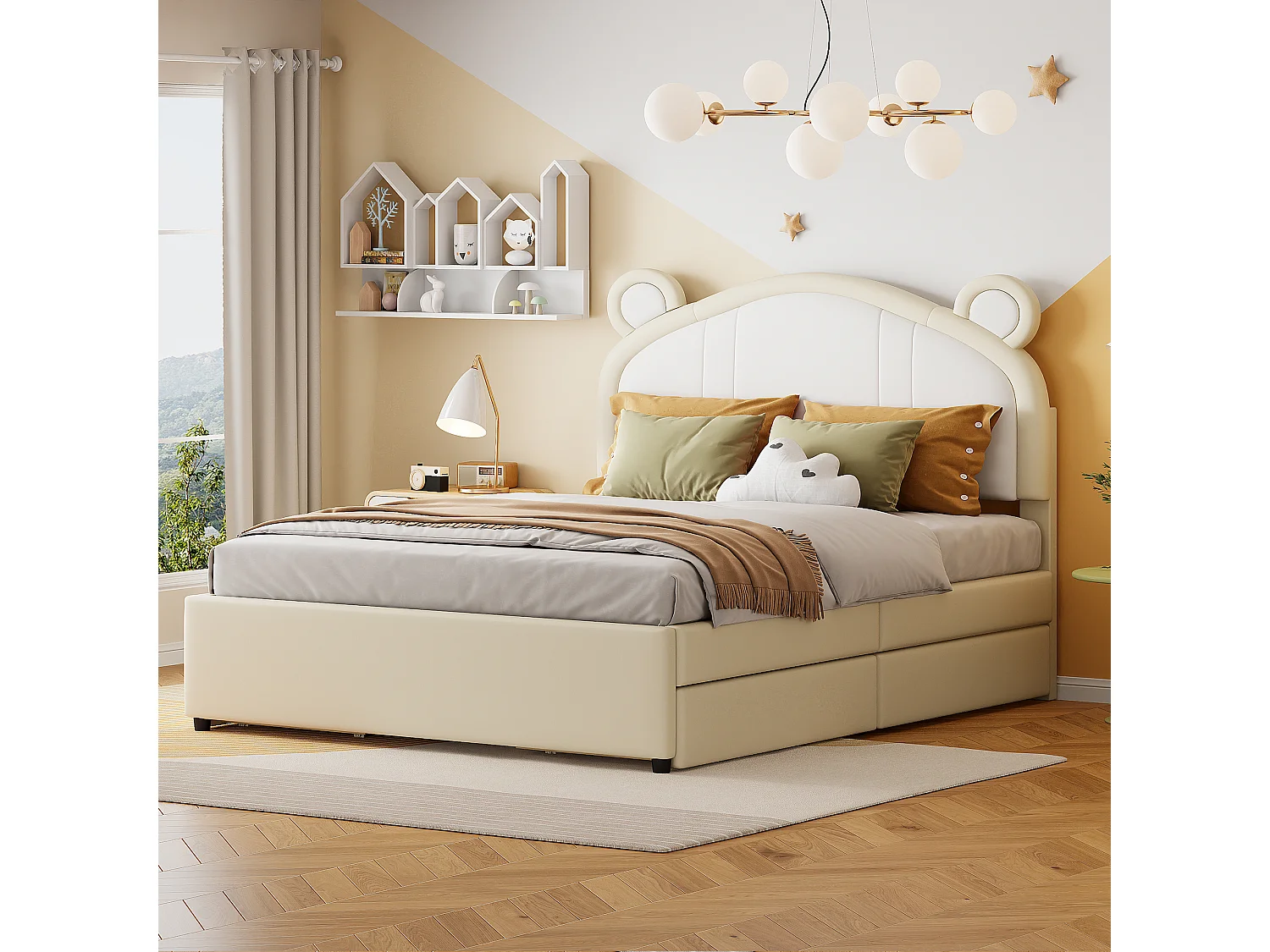 Lit capitonné 140 x 200 avec 4 tiroirs - Rembourré en cuir PU - Tête de lit avec oreilles - Sommier à lattes - Beige
