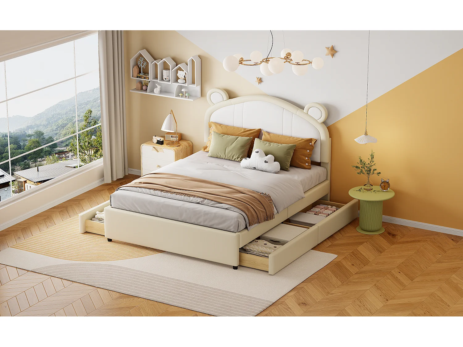 Lit capitonné 140 x 200 avec 4 tiroirs - Rembourré en cuir PU - Tête de lit avec oreilles - Sommier à lattes - Beige