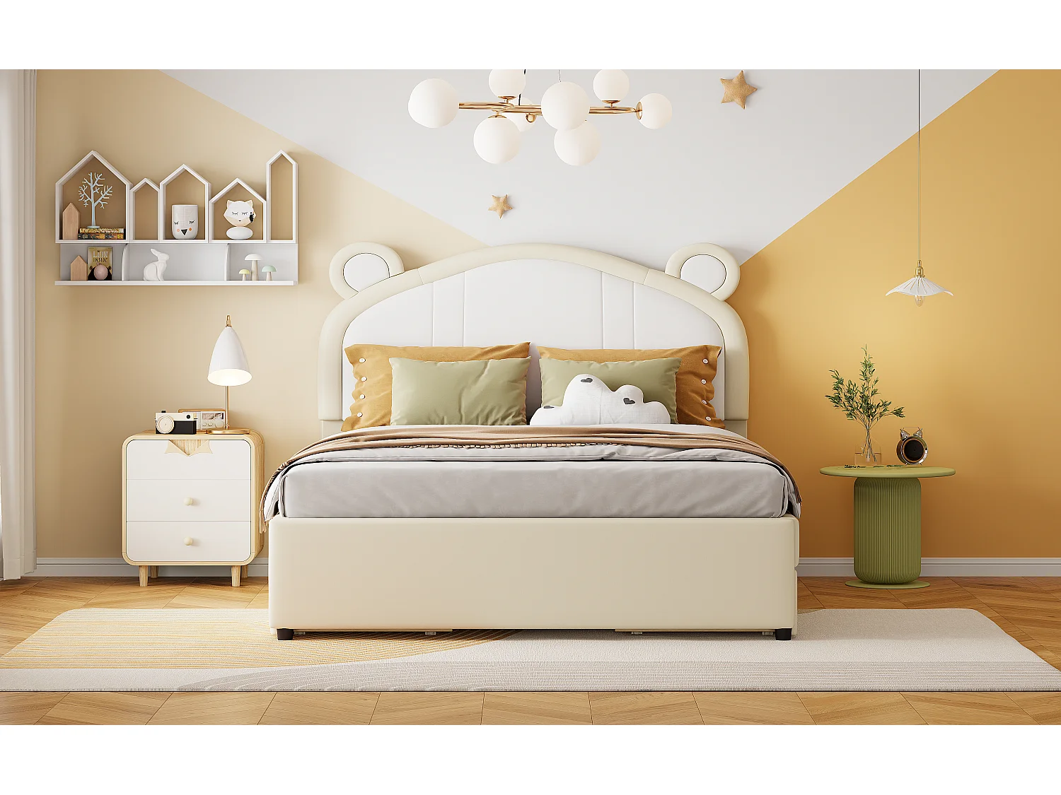 Lit capitonné 140 x 200 avec 4 tiroirs - Rembourré en cuir PU - Tête de lit avec oreilles - Sommier à lattes - Beige