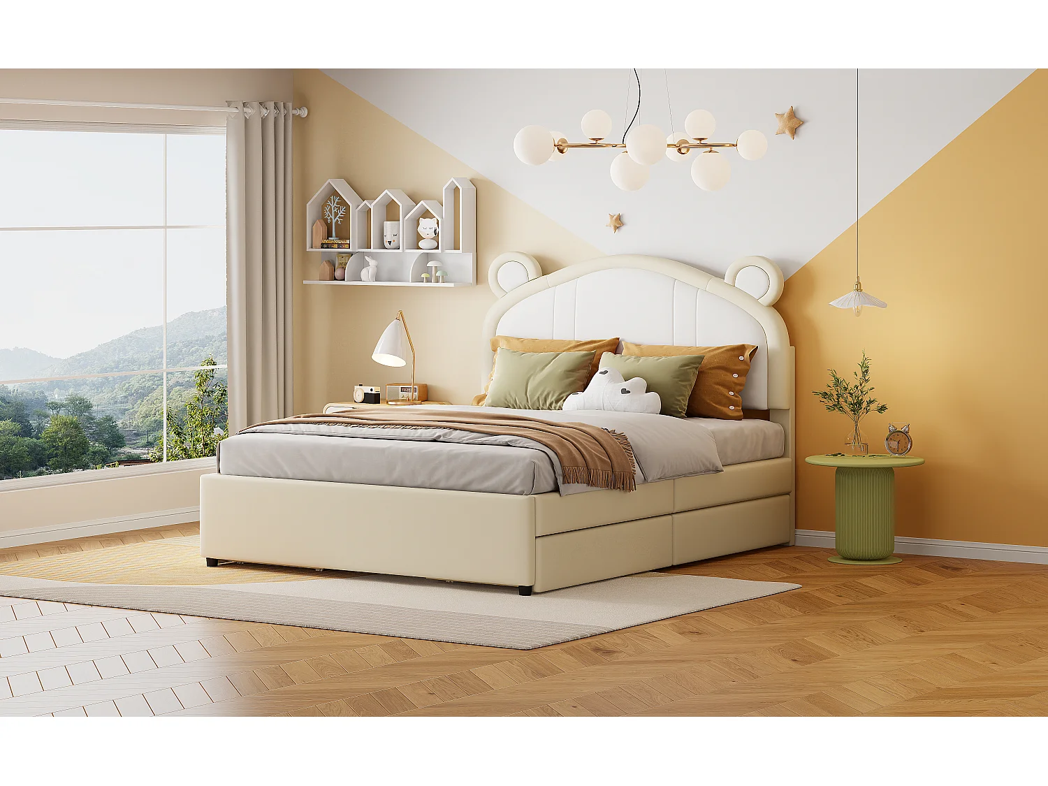 Lit capitonné 140 x 200 avec 4 tiroirs - Rembourré en cuir PU - Tête de lit avec oreilles - Sommier à lattes - Beige