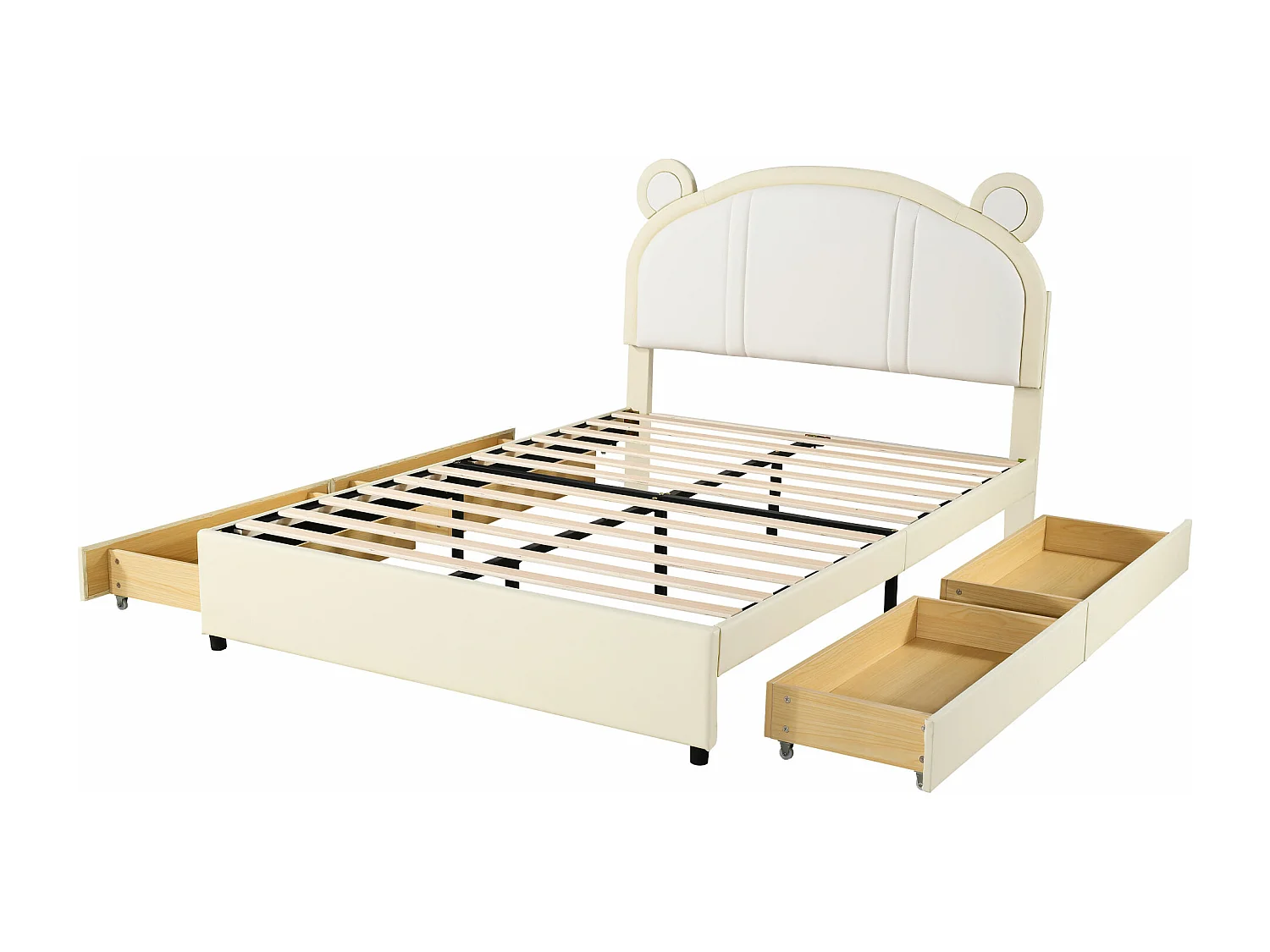 Lit capitonné 140 x 200 avec 4 tiroirs - Rembourré en cuir PU - Tête de lit avec oreilles - Sommier à lattes - Beige