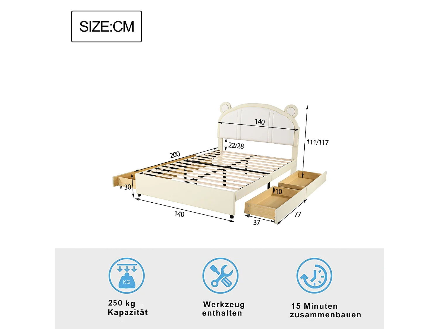 Lit capitonné 140 x 200 avec 4 tiroirs - Rembourré en cuir PU - Tête de lit avec oreilles - Sommier à lattes - Beige