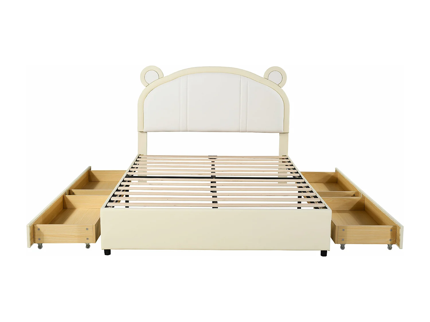 Lit capitonné 140 x 200 avec 4 tiroirs - Rembourré en cuir PU - Tête de lit avec oreilles - Sommier à lattes - Beige