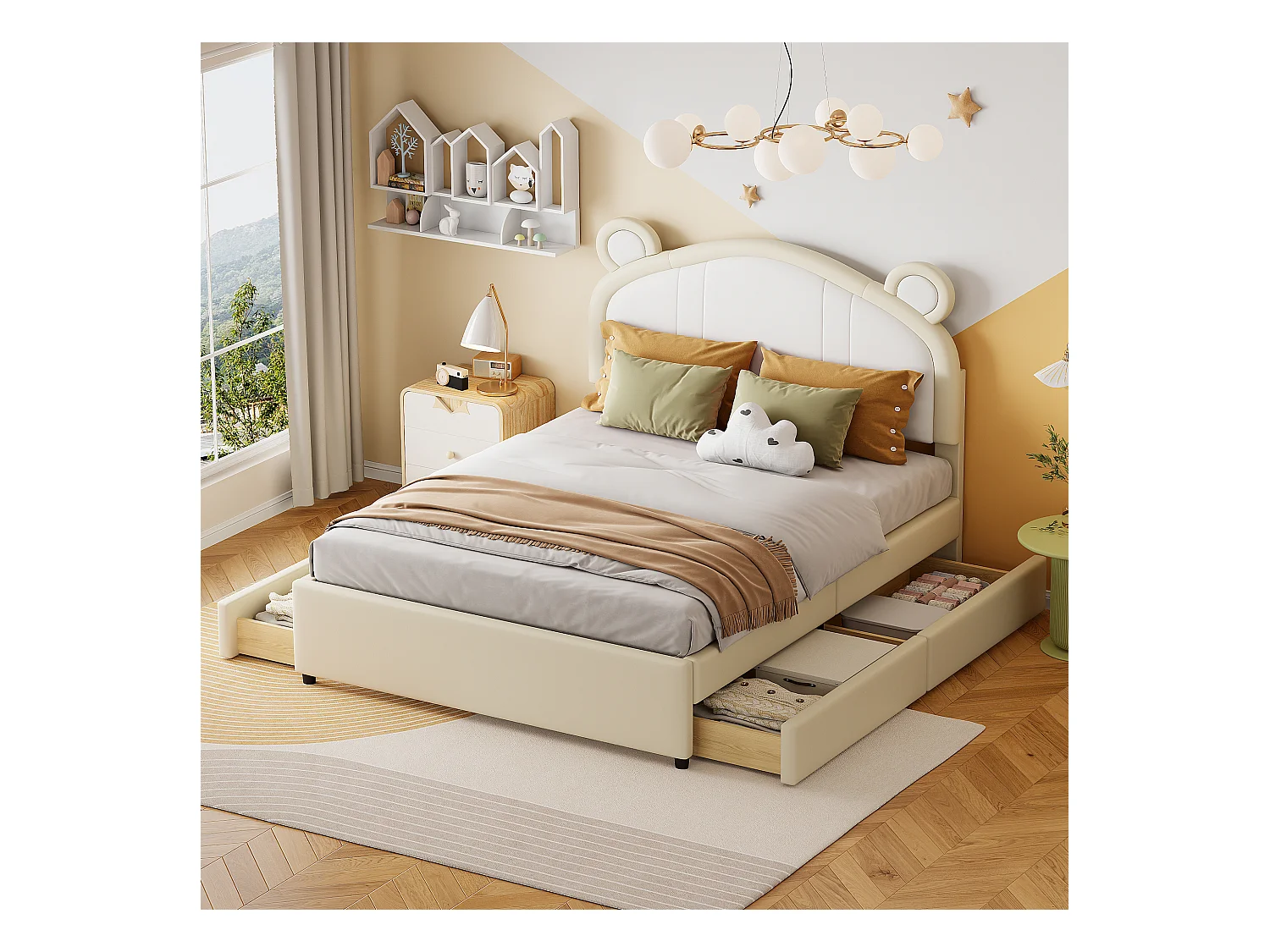 Gestoffeerd bed 140 x 200 met 4 lades - Gestoffeerd in PU leer - Hoofdeinde met oren - Lattenbodem - Beige
