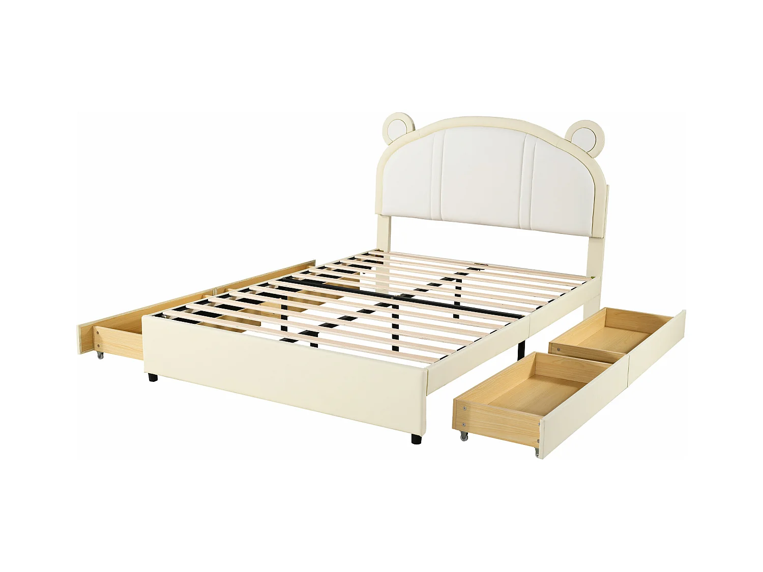 Gestoffeerd bed 140 x 200 met 4 lades - Gestoffeerd in PU leer - Hoofdeinde met oren - Lattenbodem - Beige