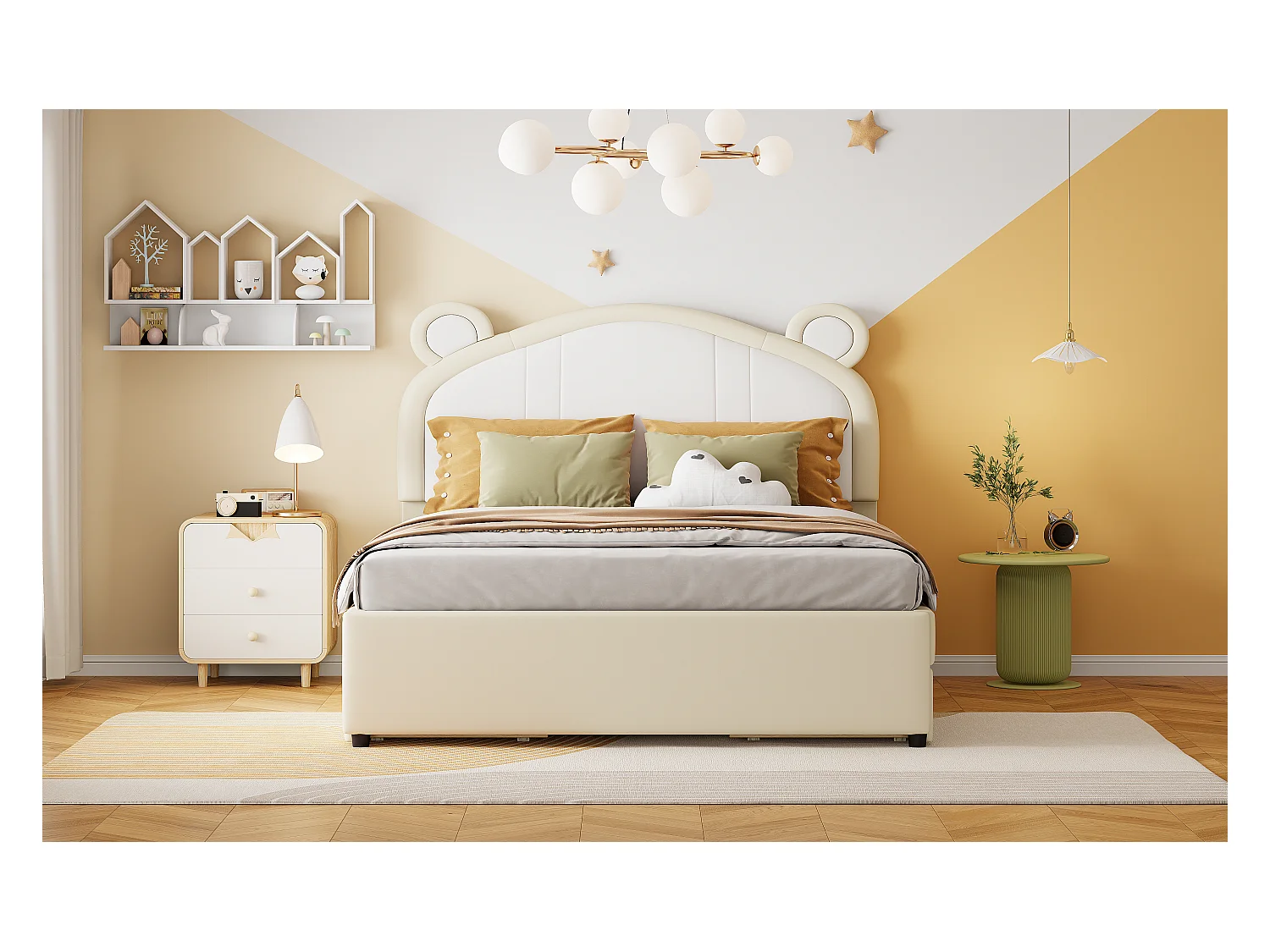 Gestoffeerd bed 140 x 200 met 4 lades - Gestoffeerd in PU leer - Hoofdeinde met oren - Lattenbodem - Beige