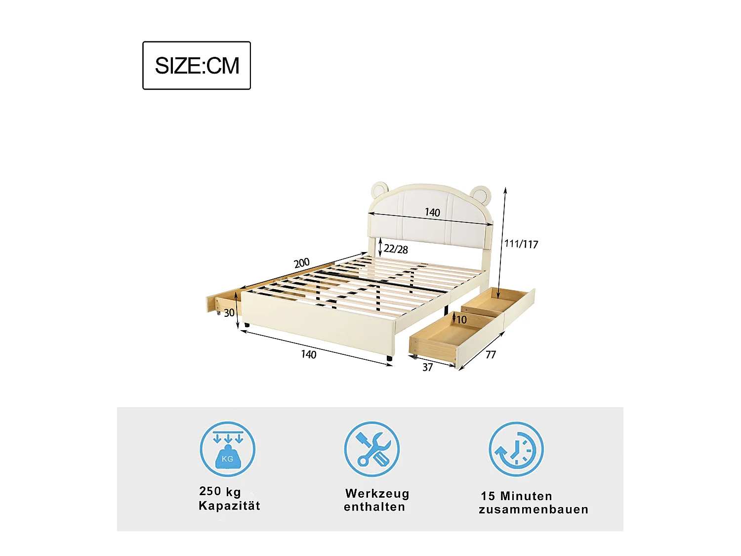 Gestoffeerd bed 140 x 200 met 4 lades - Gestoffeerd in PU leer - Hoofdeinde met oren - Lattenbodem - Beige