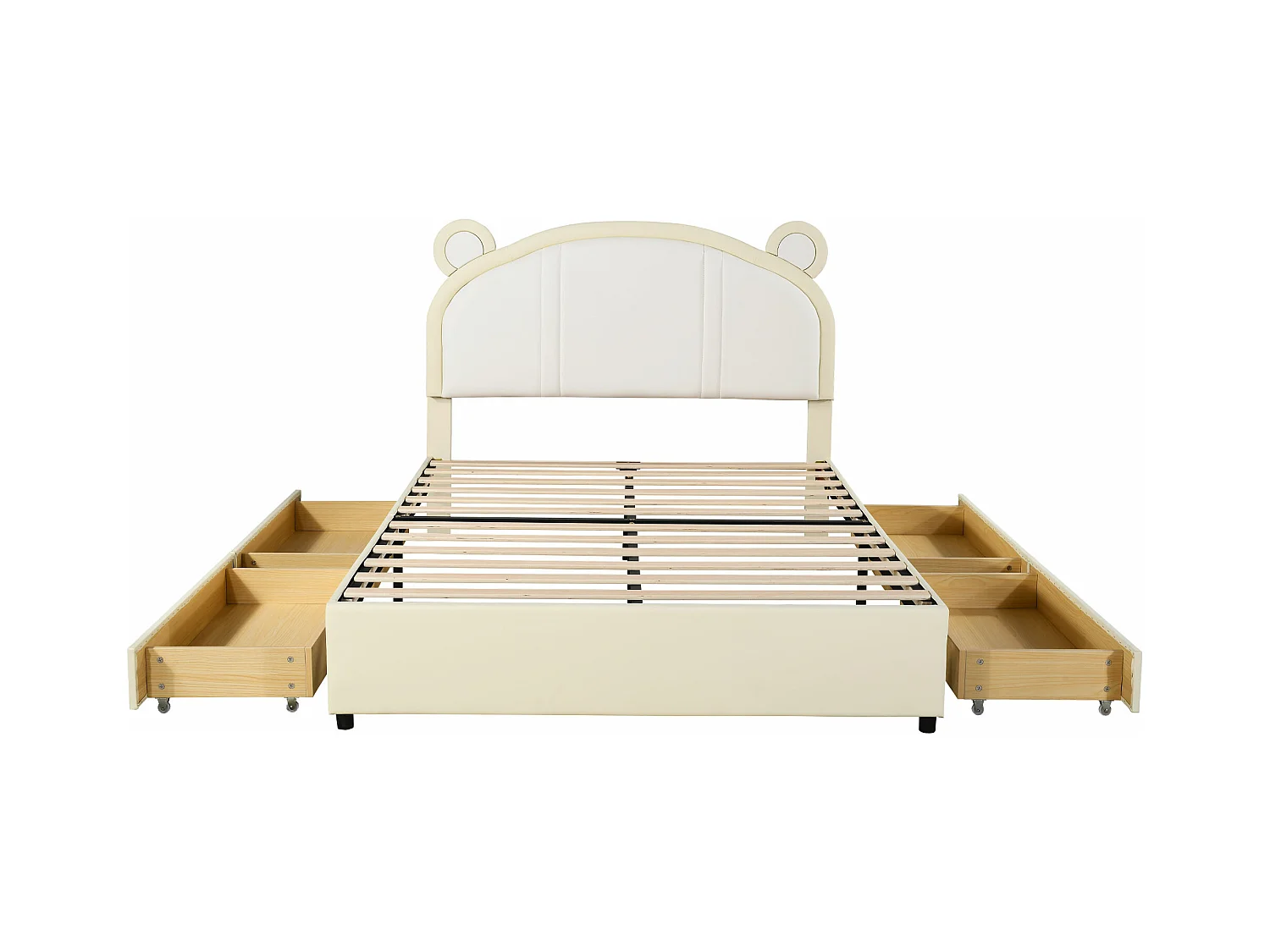 Gestoffeerd bed 140 x 200 met 4 lades - Gestoffeerd in PU leer - Hoofdeinde met oren - Lattenbodem - Beige
