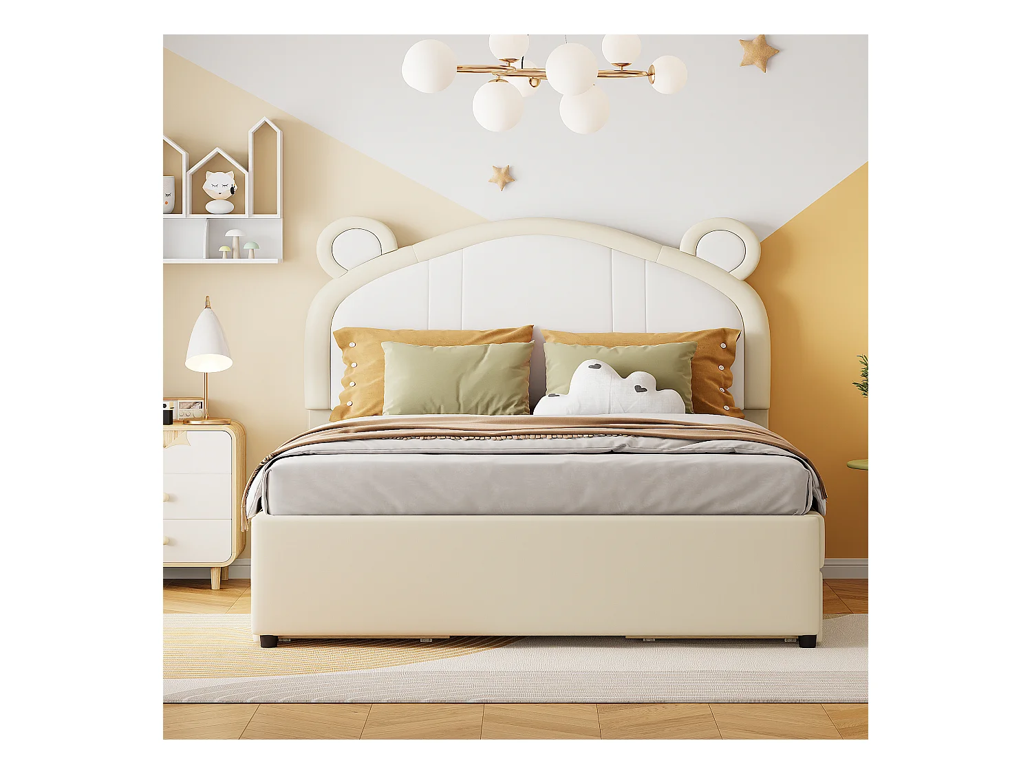 Gestoffeerd bed 140 x 200 met 4 lades - Gestoffeerd in PU leer - Hoofdeinde met oren - Lattenbodem - Beige
