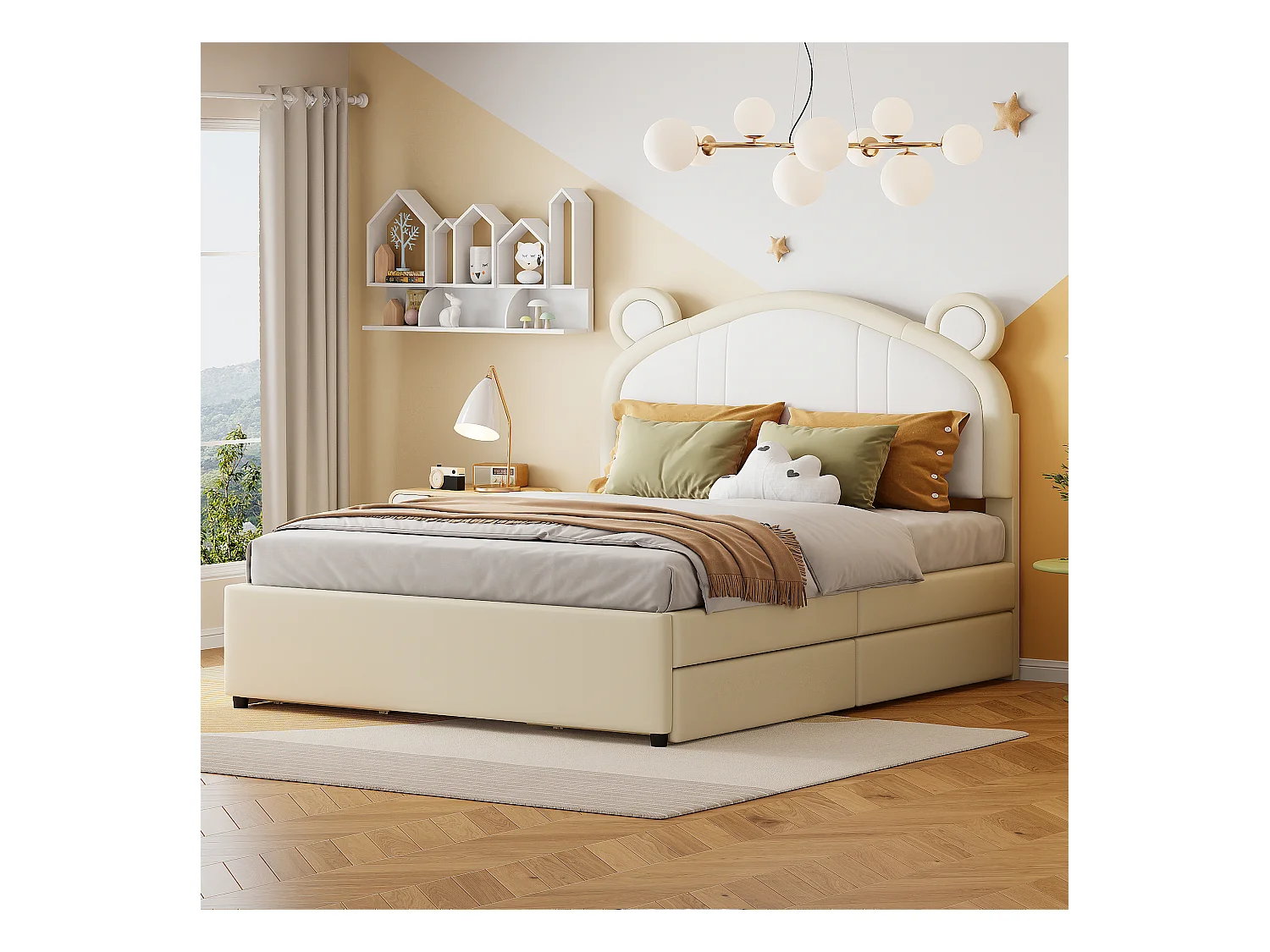 Gestoffeerd bed 140 x 200 met 4 lades - Gestoffeerd in PU leer - Hoofdeinde met oren - Lattenbodem - Beige