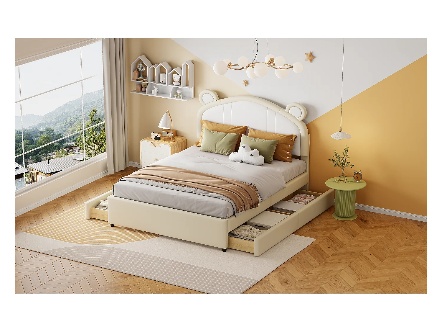 Gestoffeerd bed 140 x 200 met 4 lades - Gestoffeerd in PU leer - Hoofdeinde met oren - Lattenbodem - Beige