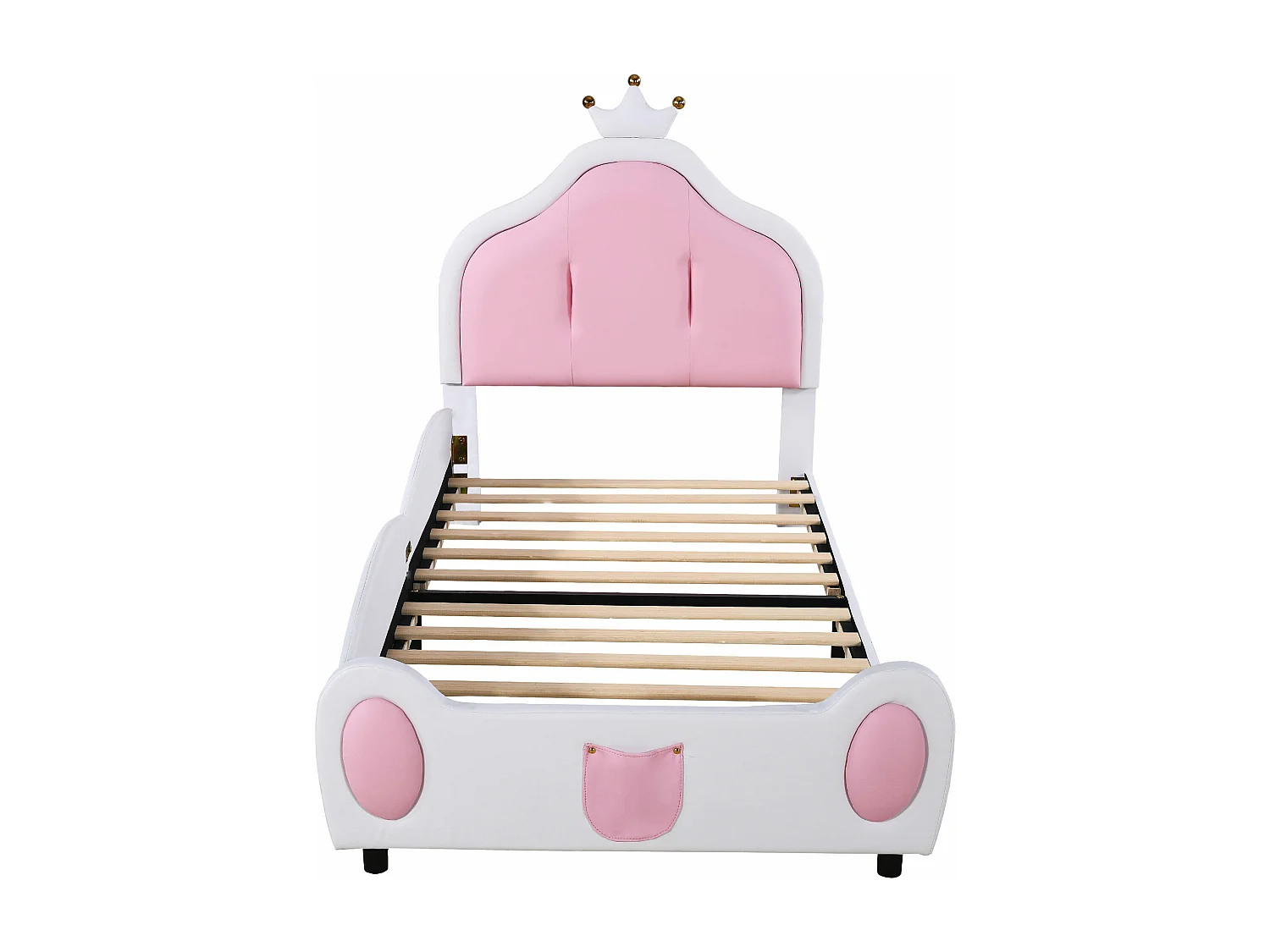 Lit enfant capitonné 90 x 200 cm rembourré en cuir PU, motif patchwork bicolore，sommier à lattes, blanc