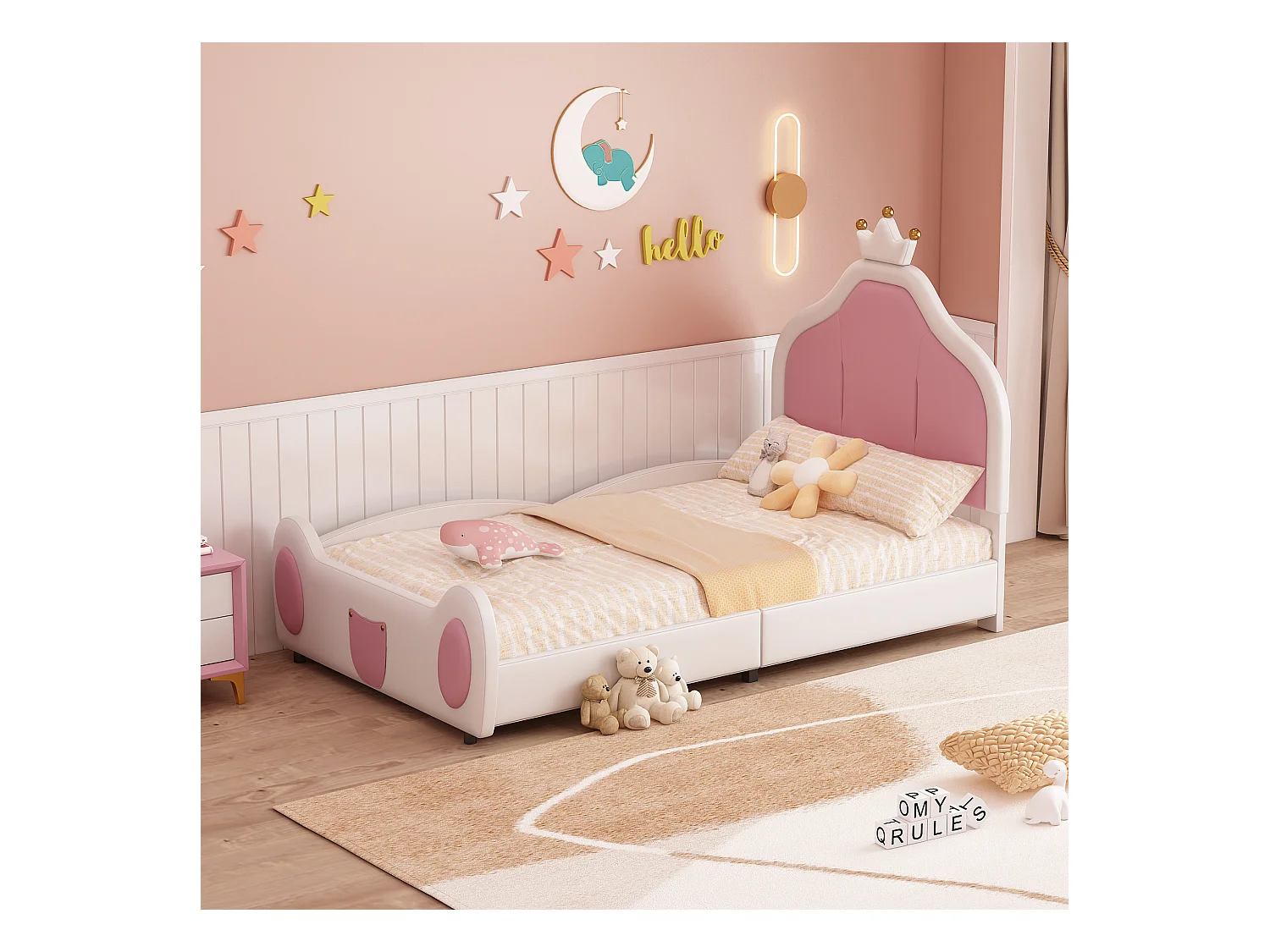 Lit enfant capitonné 90 x 200 cm rembourré en cuir PU, motif patchwork bicolore，sommier à lattes, blanc