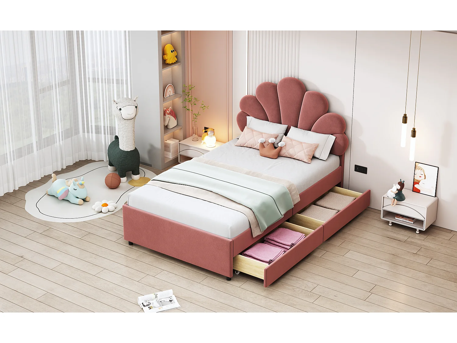Fluweel gestoffeerd bed 90 x 200 cm met 4 lades - bloemvormig hoofdeinde - roze