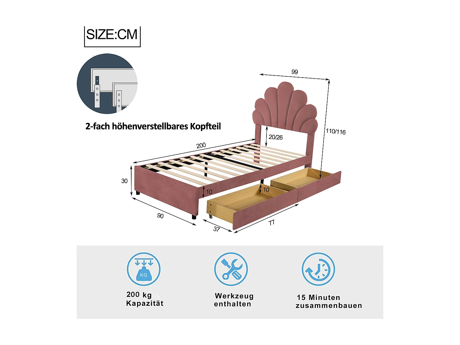 Fluweel gestoffeerd bed 90 x 200 cm met 4 lades - bloemvormig hoofdeinde - roze