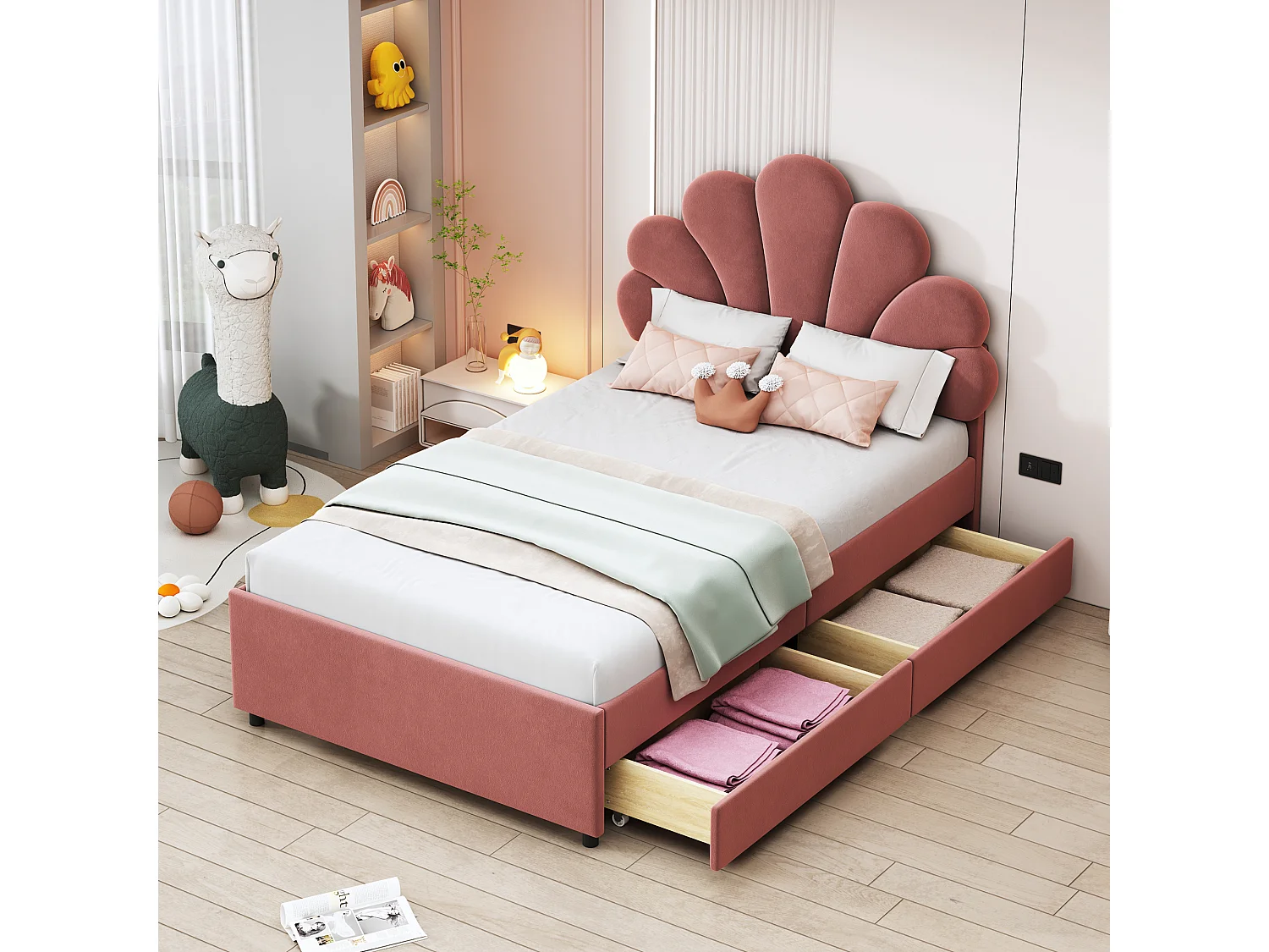 Lit rembourré en velours 90 x 200 cm avec 2 tiroirs -  tête de lit en forme de fleur - rose