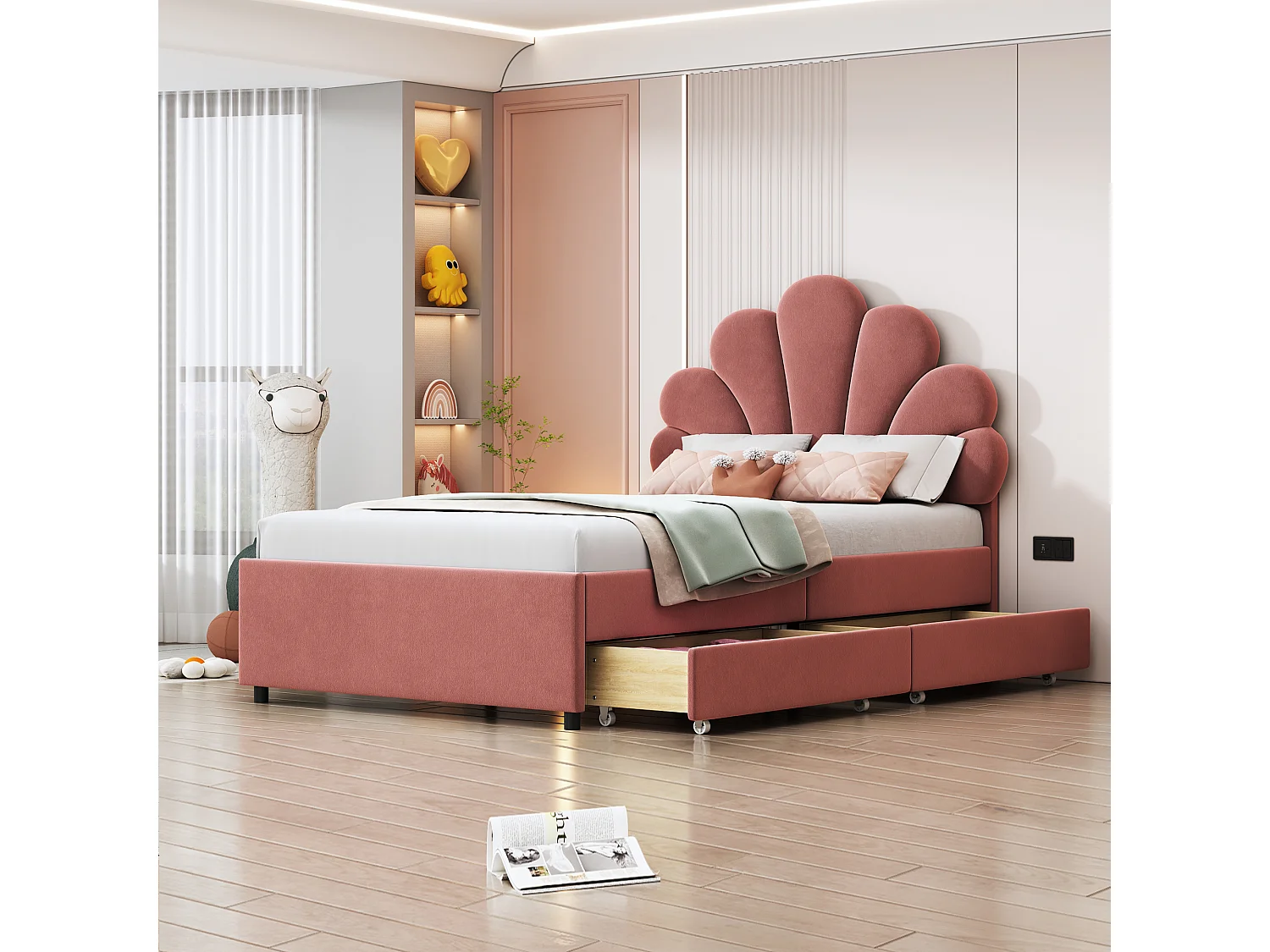 Lit rembourré en velours 90 x 200 cm avec 2 tiroirs -  tête de lit en forme de fleur - rose