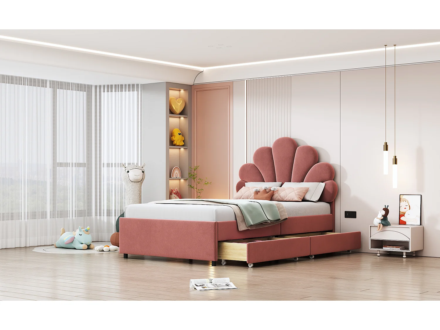 Lit rembourré en velours 90 x 200 cm avec 2 tiroirs -  tête de lit en forme de fleur - rose