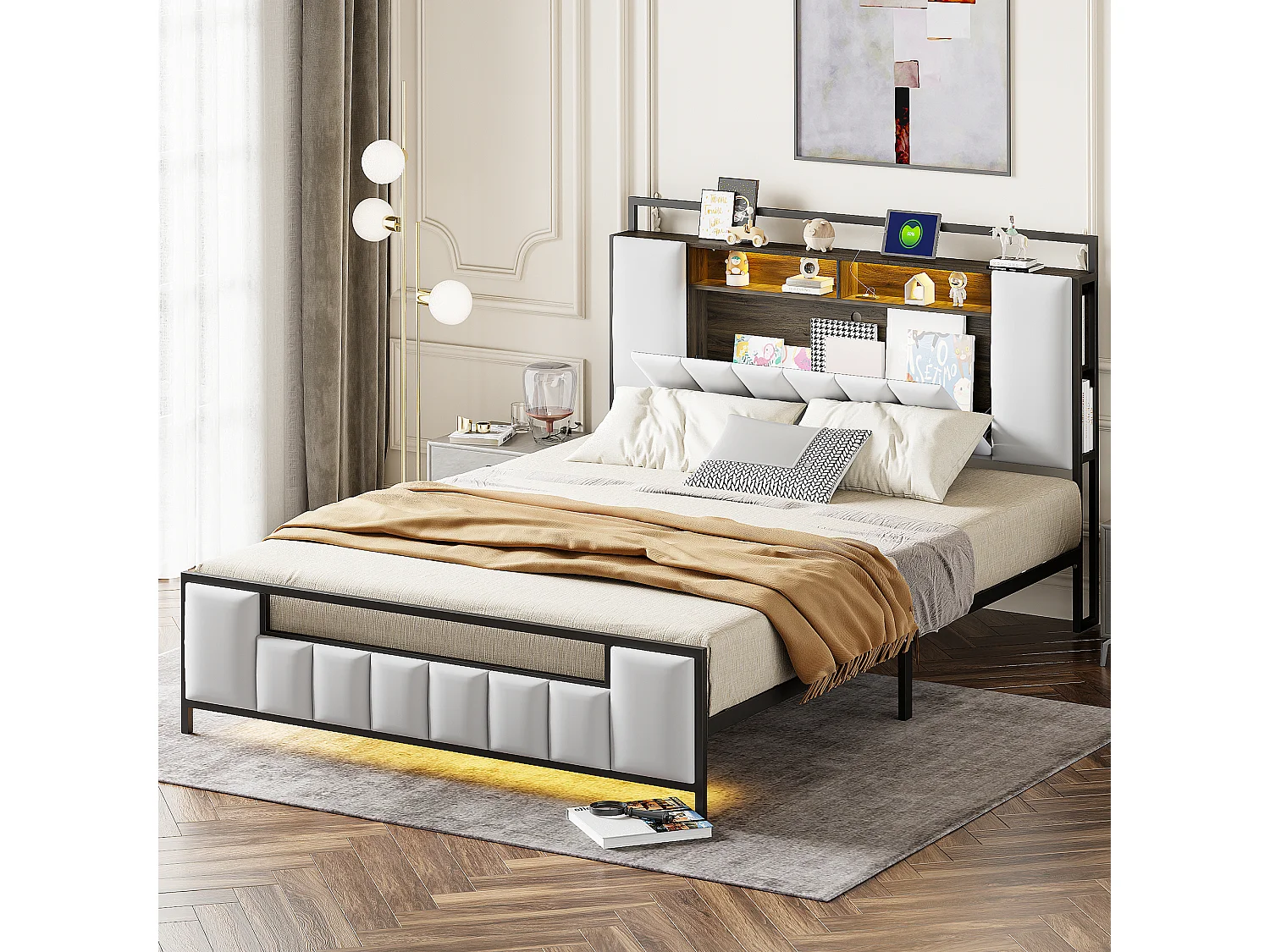 Letto imbottito 160 x 200 cm con testiera contenitore - LED + presa USB - Metallo e similpelle - Bianco