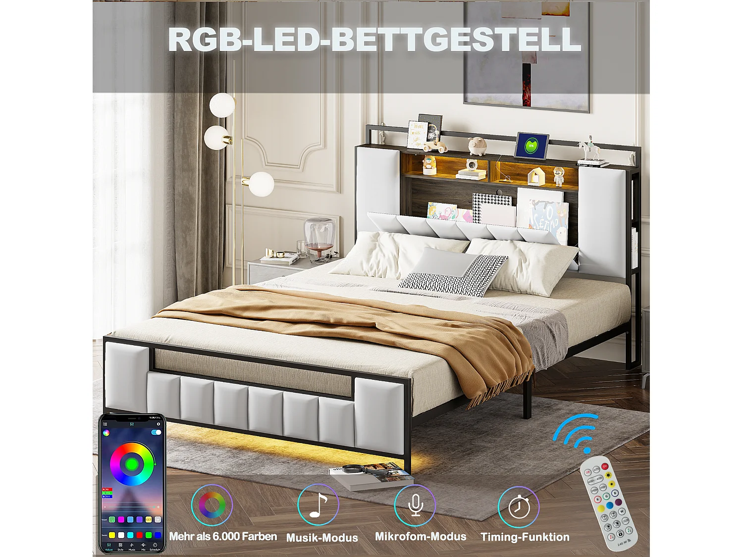 Letto imbottito 160 x 200 cm con testiera contenitore - LED + presa USB - Metallo e similpelle - Bianco