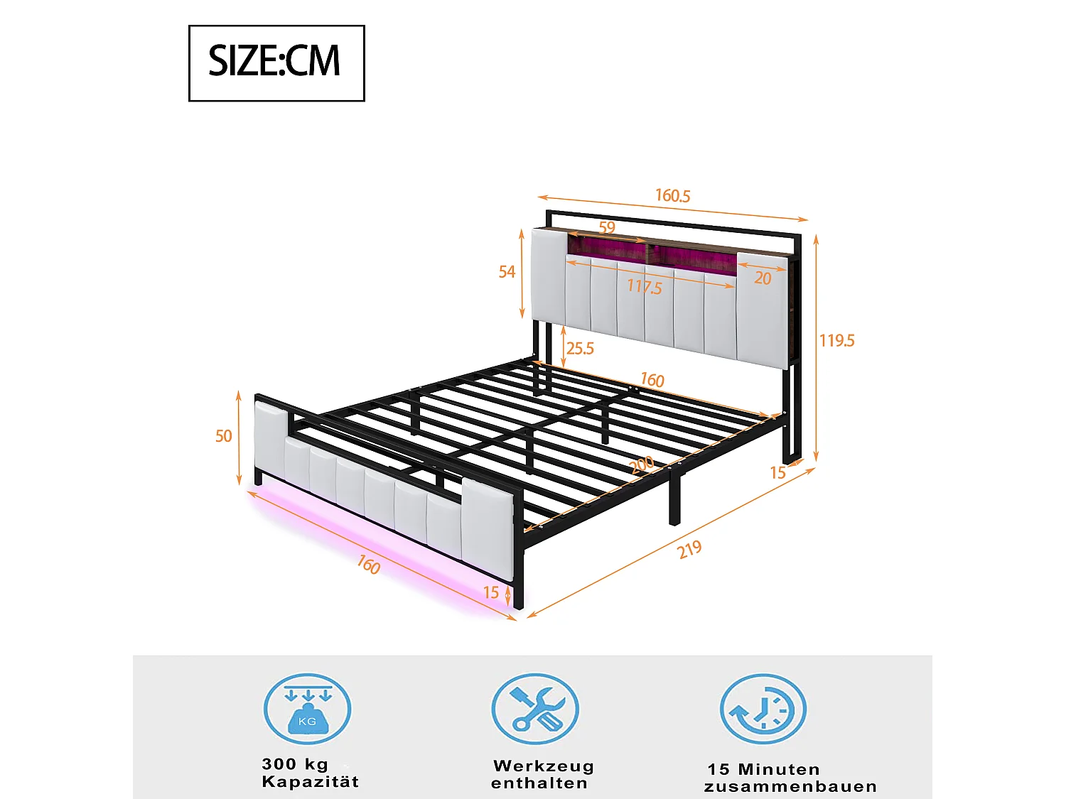 Letto imbottito 160 x 200 cm con testiera contenitore - LED + presa USB - Metallo e similpelle - Bianco