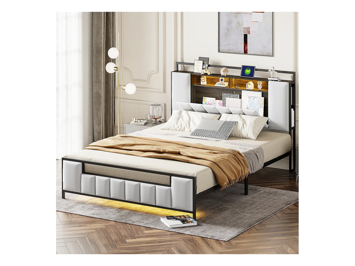 Letto imbottito 160 x 200 cm con testiera contenitore - LED + presa USB - Metallo e similpelle - Bianco