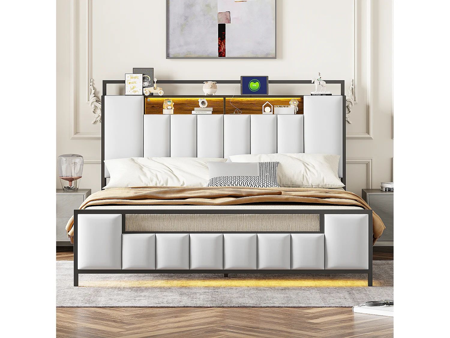 Lit capitonné 160 x 200 cm avec tête de lit rangement - LEDs + prise USB - Métal et simili cuir - Blanc