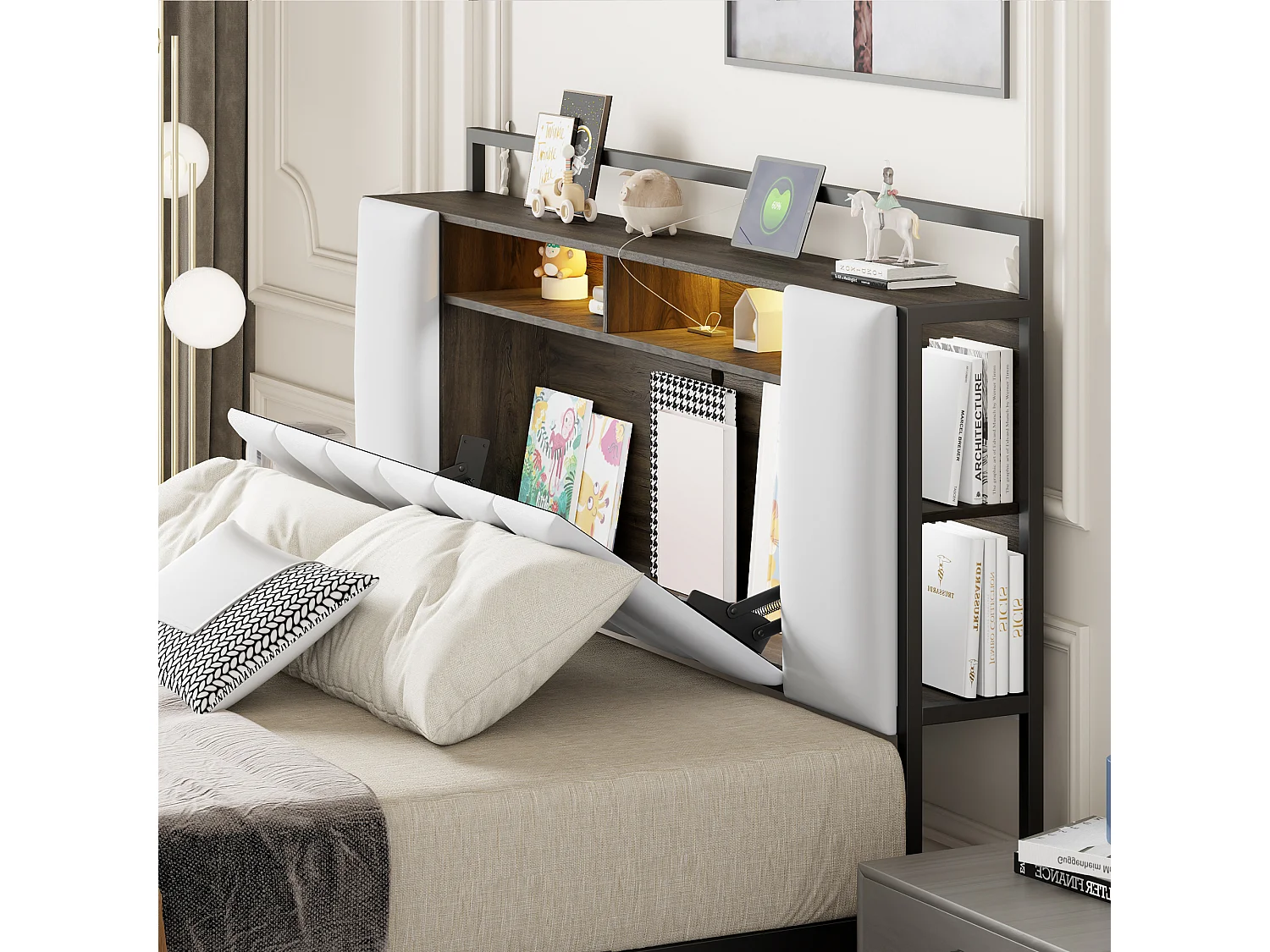 Lit capitonné 160 x 200 cm avec tête de lit rangement - LEDs + prise USB - Métal et simili cuir - Blanc