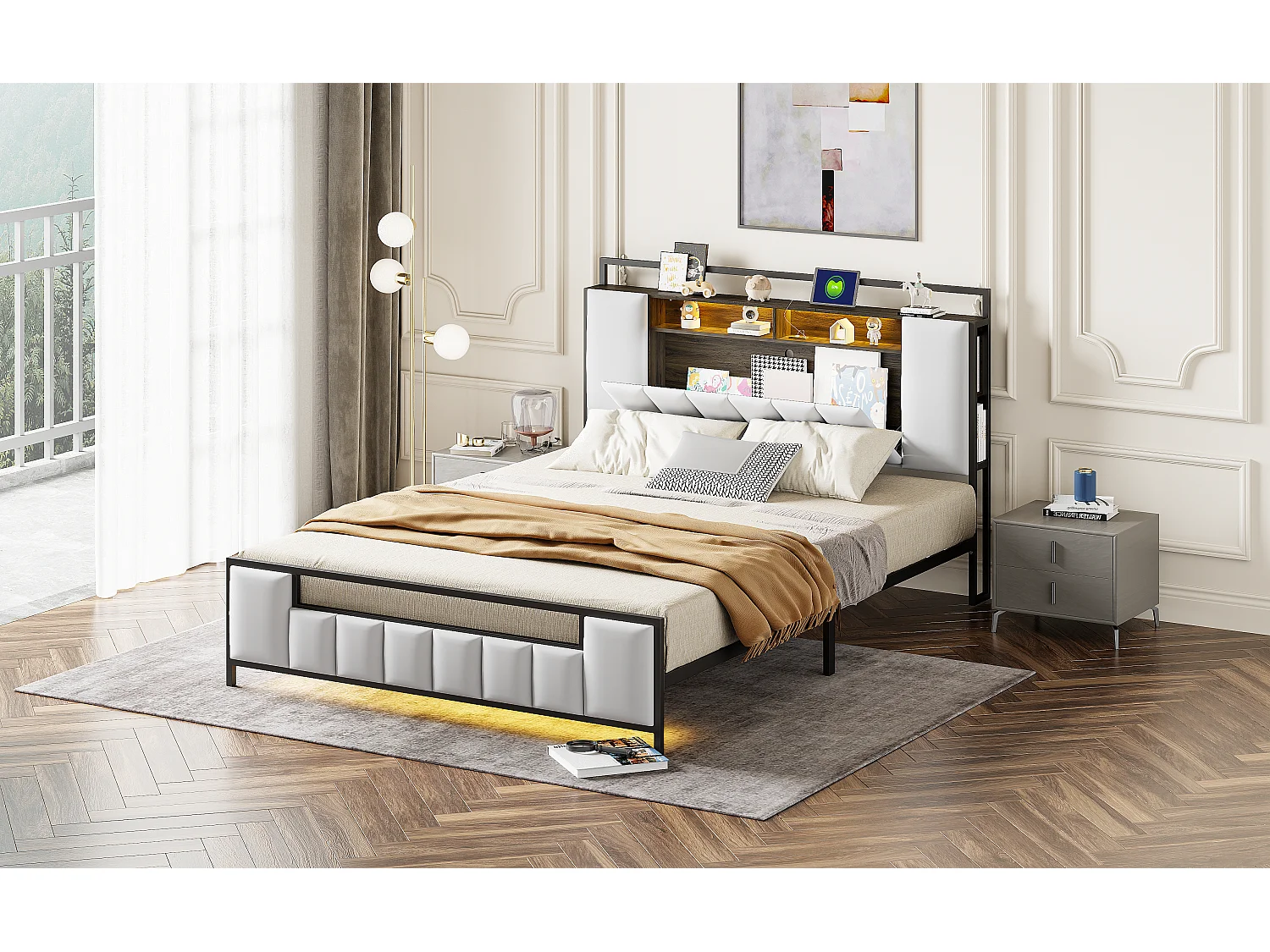 Lit capitonné 160 x 200 cm avec tête de lit rangement - LEDs + prise USB - Métal et simili cuir - Blanc