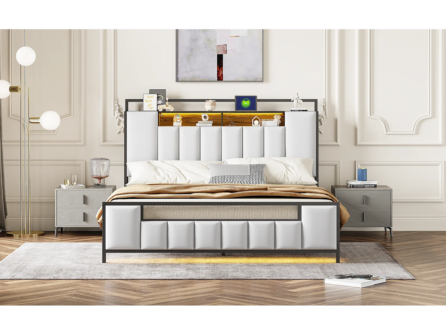 Lit capitonné 160 x 200 cm avec tête de lit rangement - LEDs + prise USB - Métal et simili cuir - Blanc