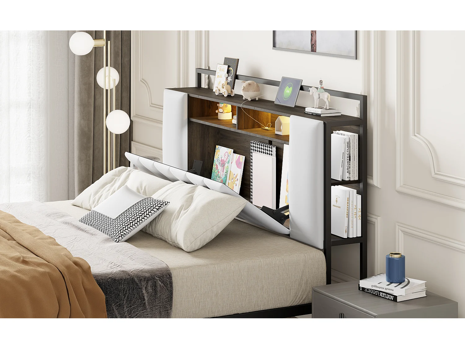 Lit capitonné 160 x 200 cm avec tête de lit rangement - LEDs + prise USB - Métal et simili cuir - Blanc