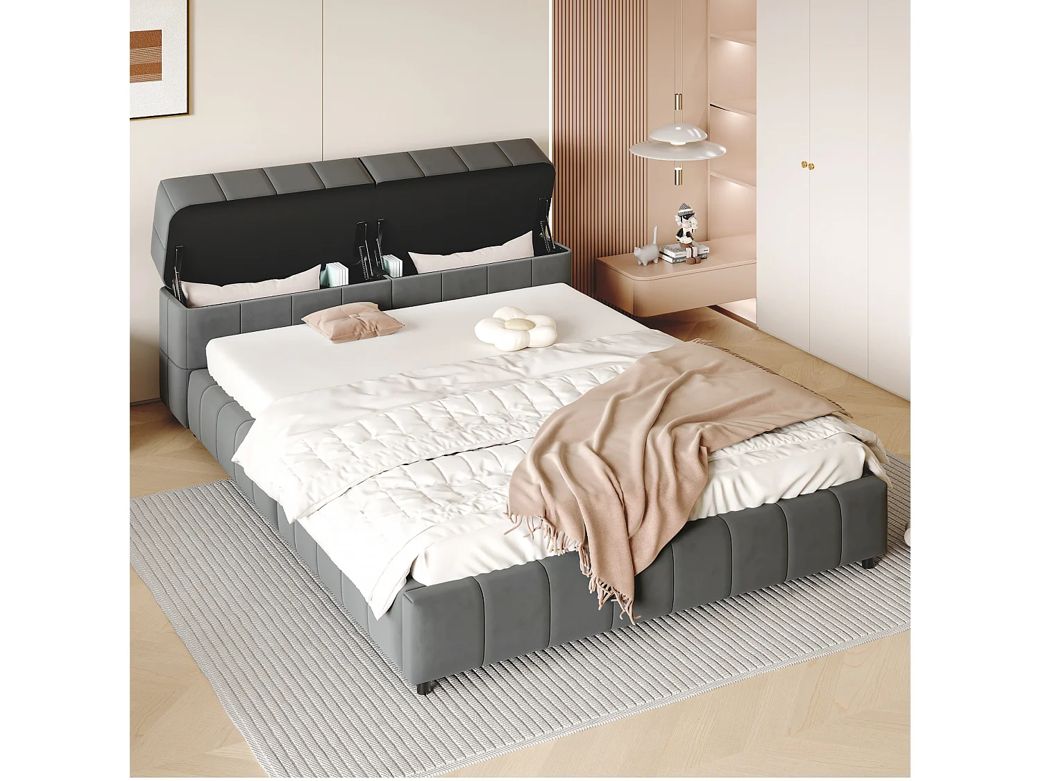 Gestoffeerd bed 140 x 200 cm, hoofdeinde met opbergruimte, fluwelen stof, lattenbodem, grijs