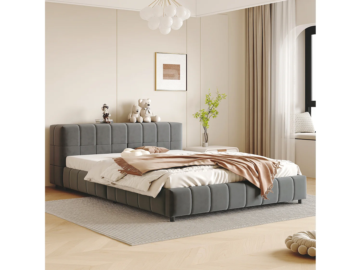 Gestoffeerd bed 140 x 200 cm, hoofdeinde met opbergruimte, fluwelen stof, lattenbodem, grijs