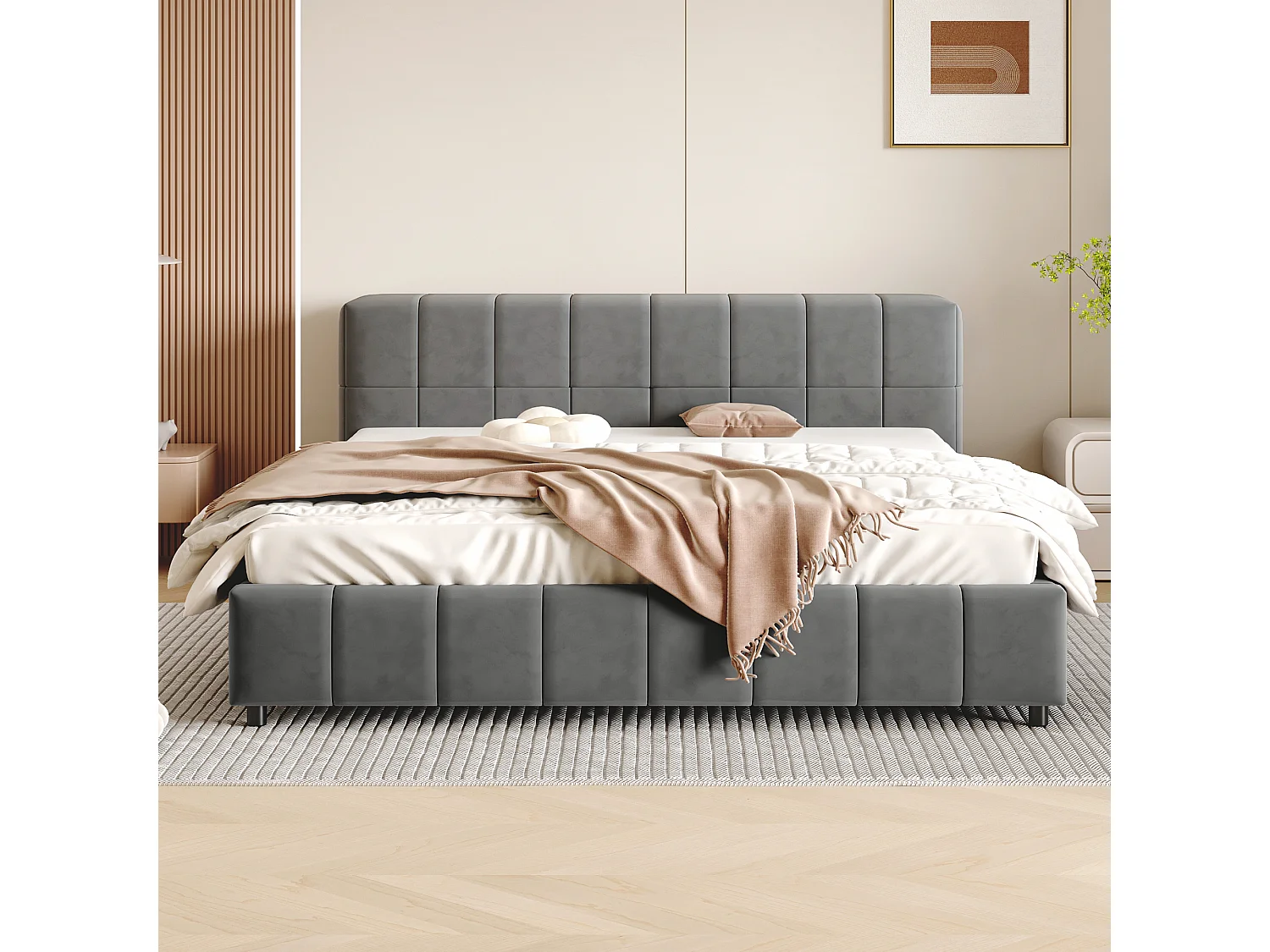 Gestoffeerd bed 140 x 200 cm, hoofdeinde met opbergruimte, fluwelen stof, lattenbodem, grijs